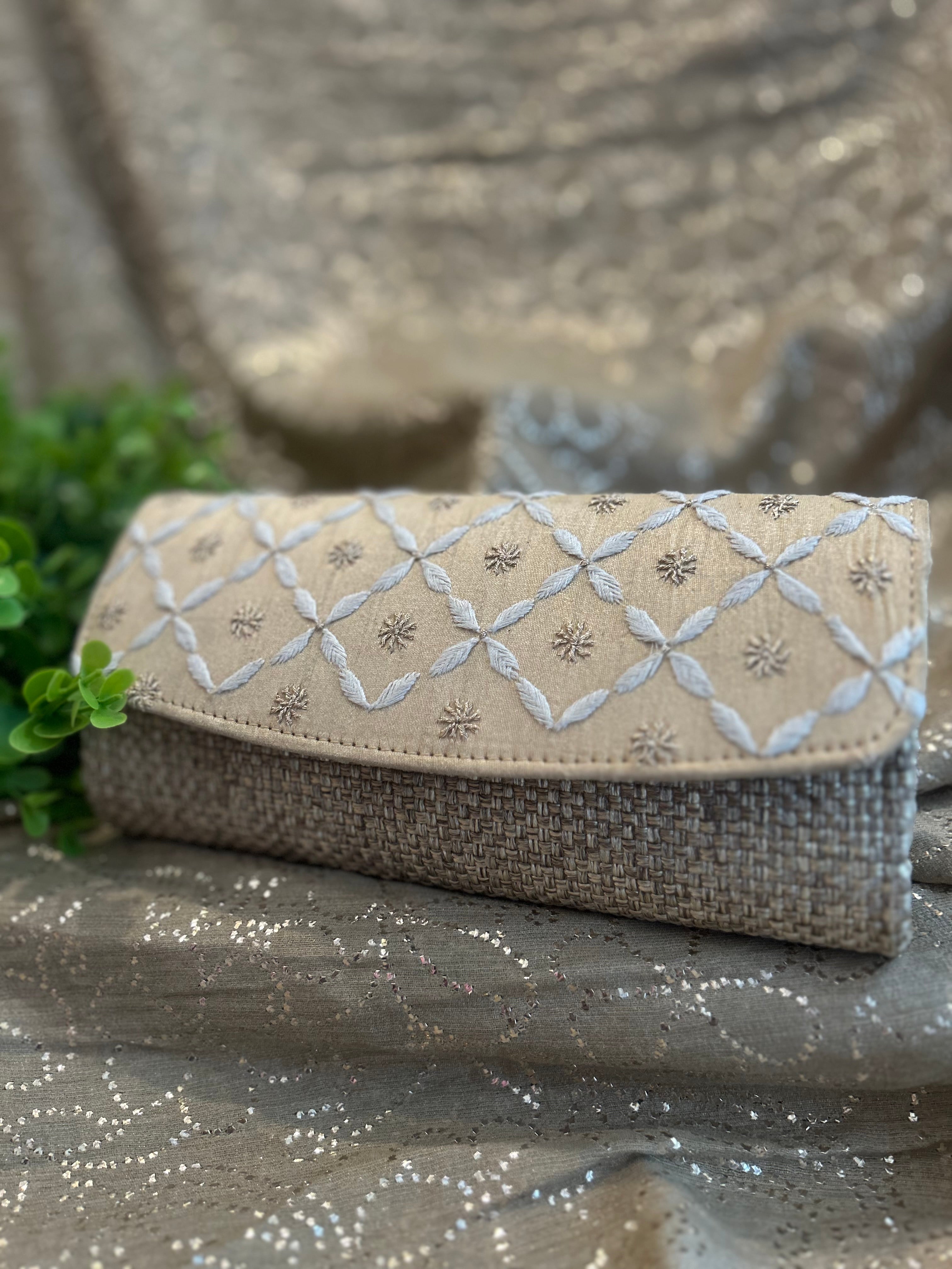 Cream Chikankari Jute Clutch