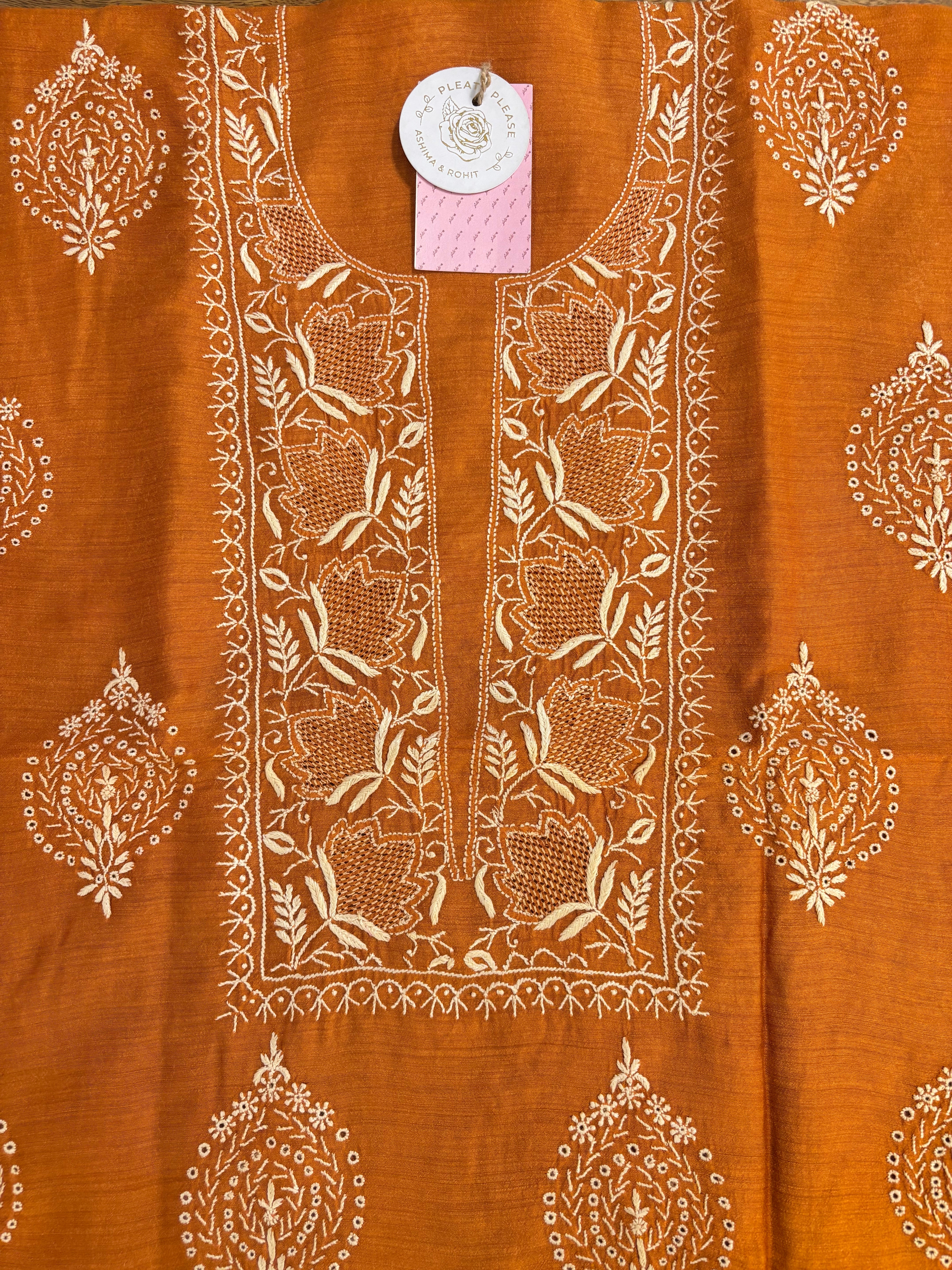 Burnt Orange Monga Silk Chikankari Kurta & Dupatta