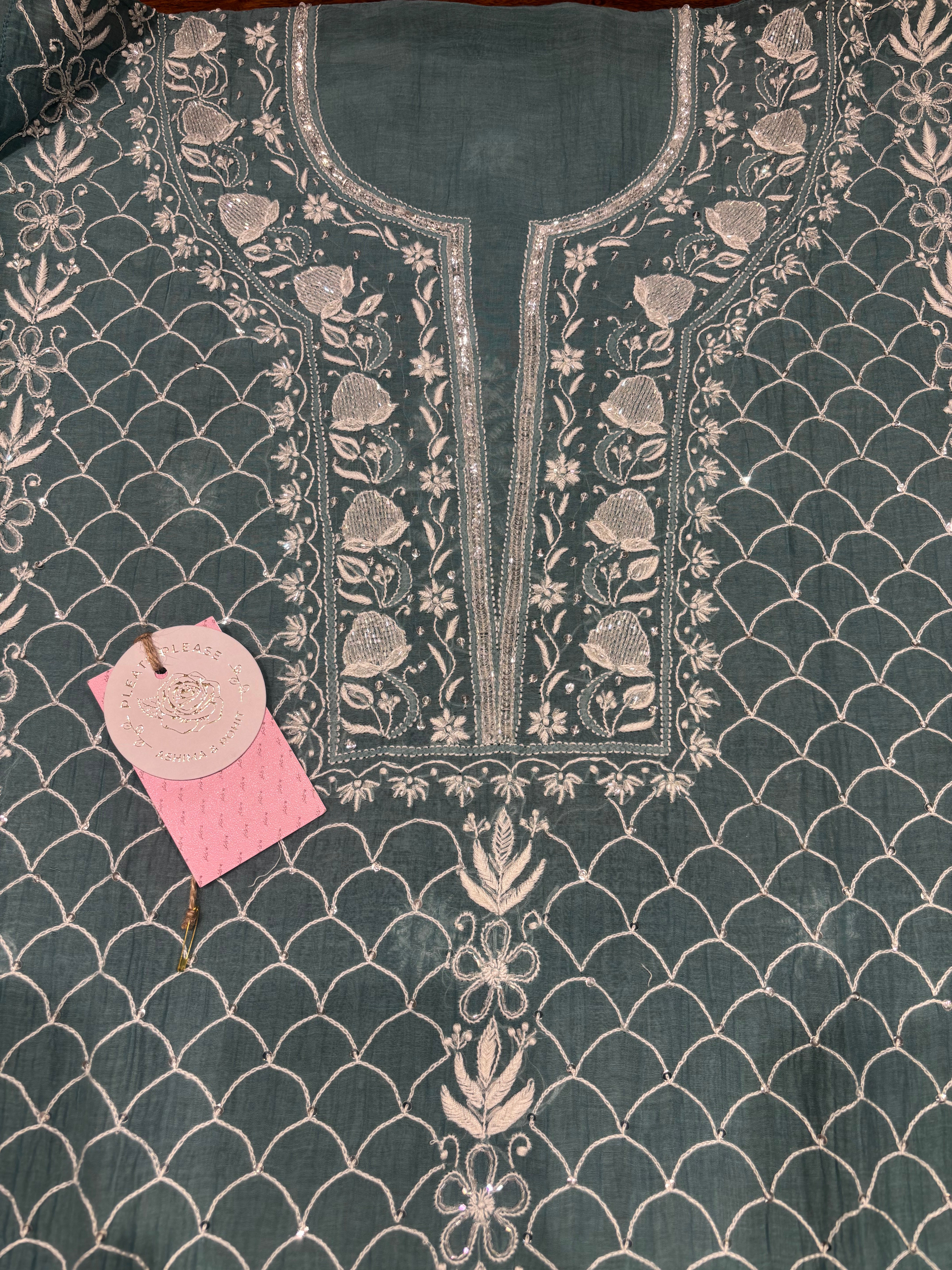 Turquoise Blue Chanderi Mul Chikankari Kurta & Dupatta Set