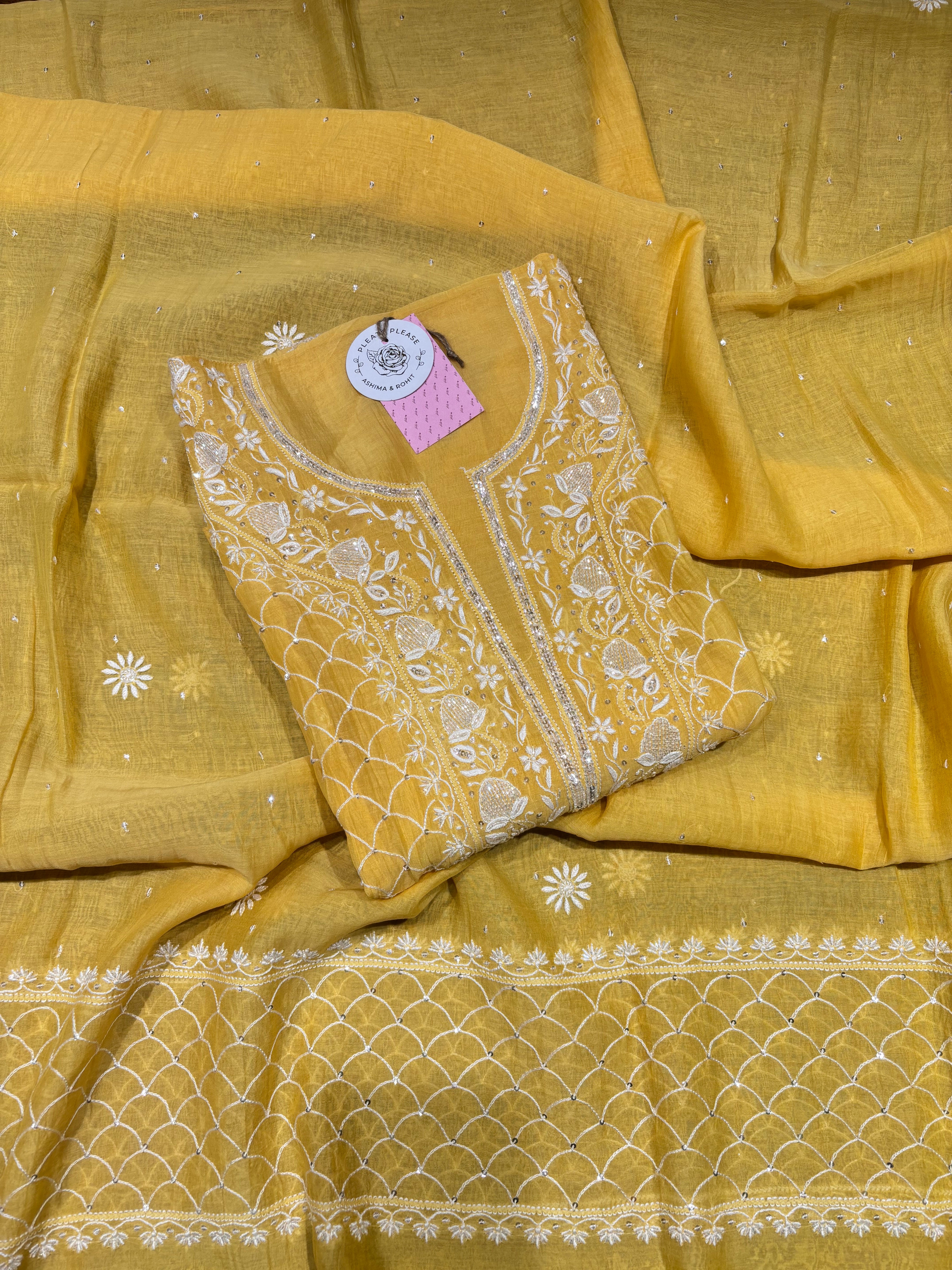 Yellow Chanderi Mul Chikankari Kurta & Dupatta Set