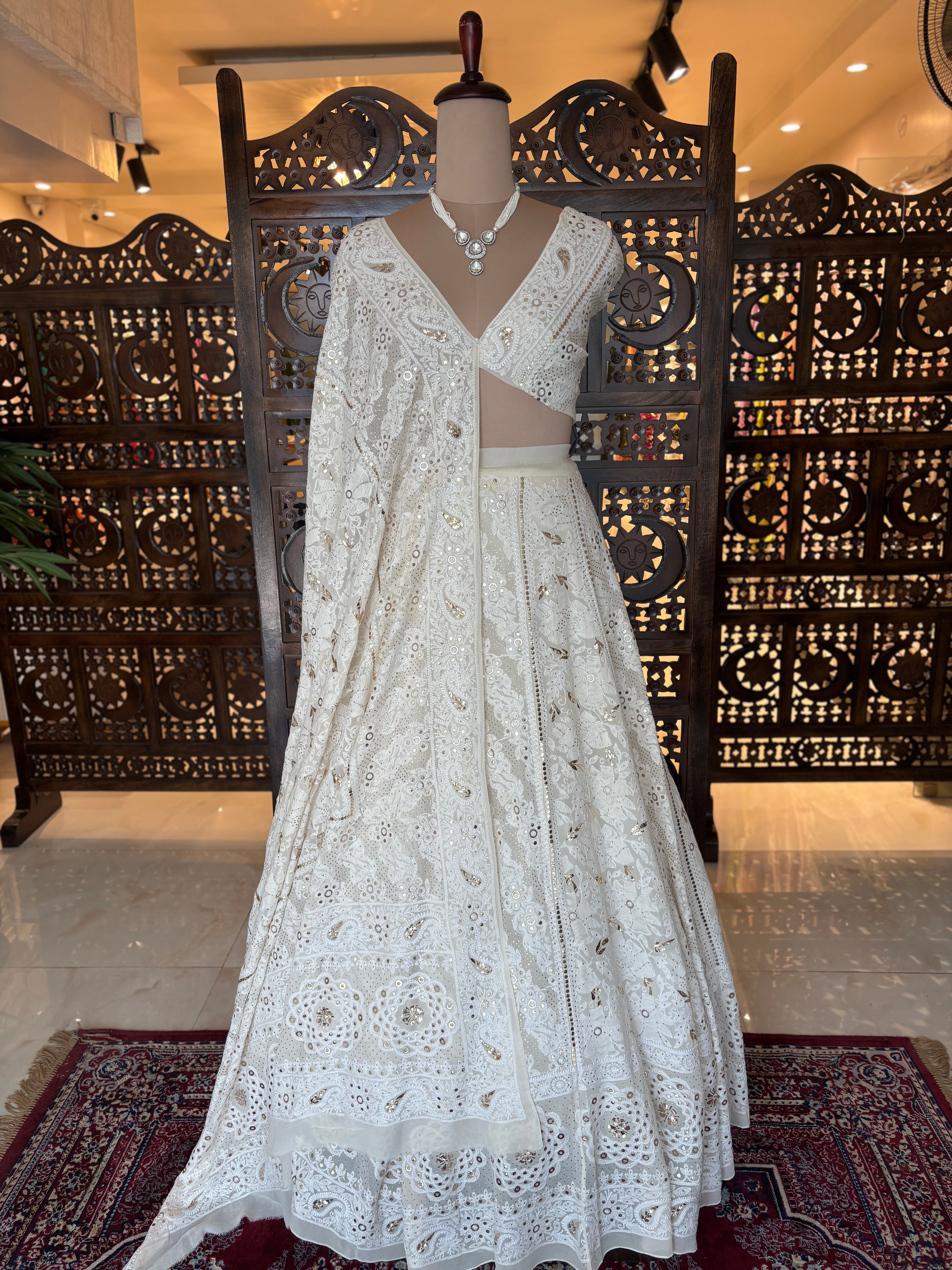 Dyeable Pure & Premium Georgette Mukaish Chikankari Lehenga