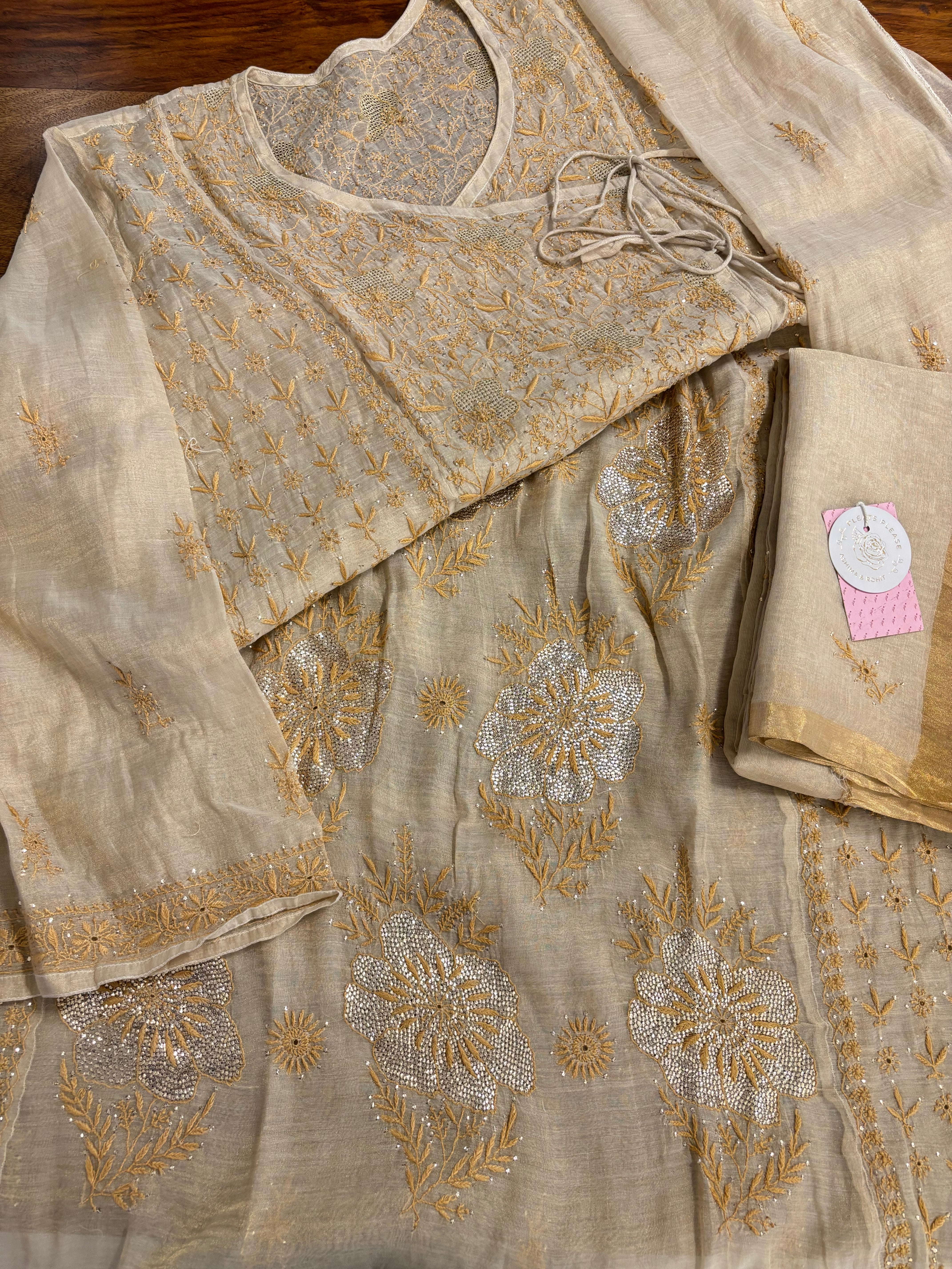Dyeable Pure & Premium Tissue Mukaish Chikankari Angrakha Kurta & Dupatta