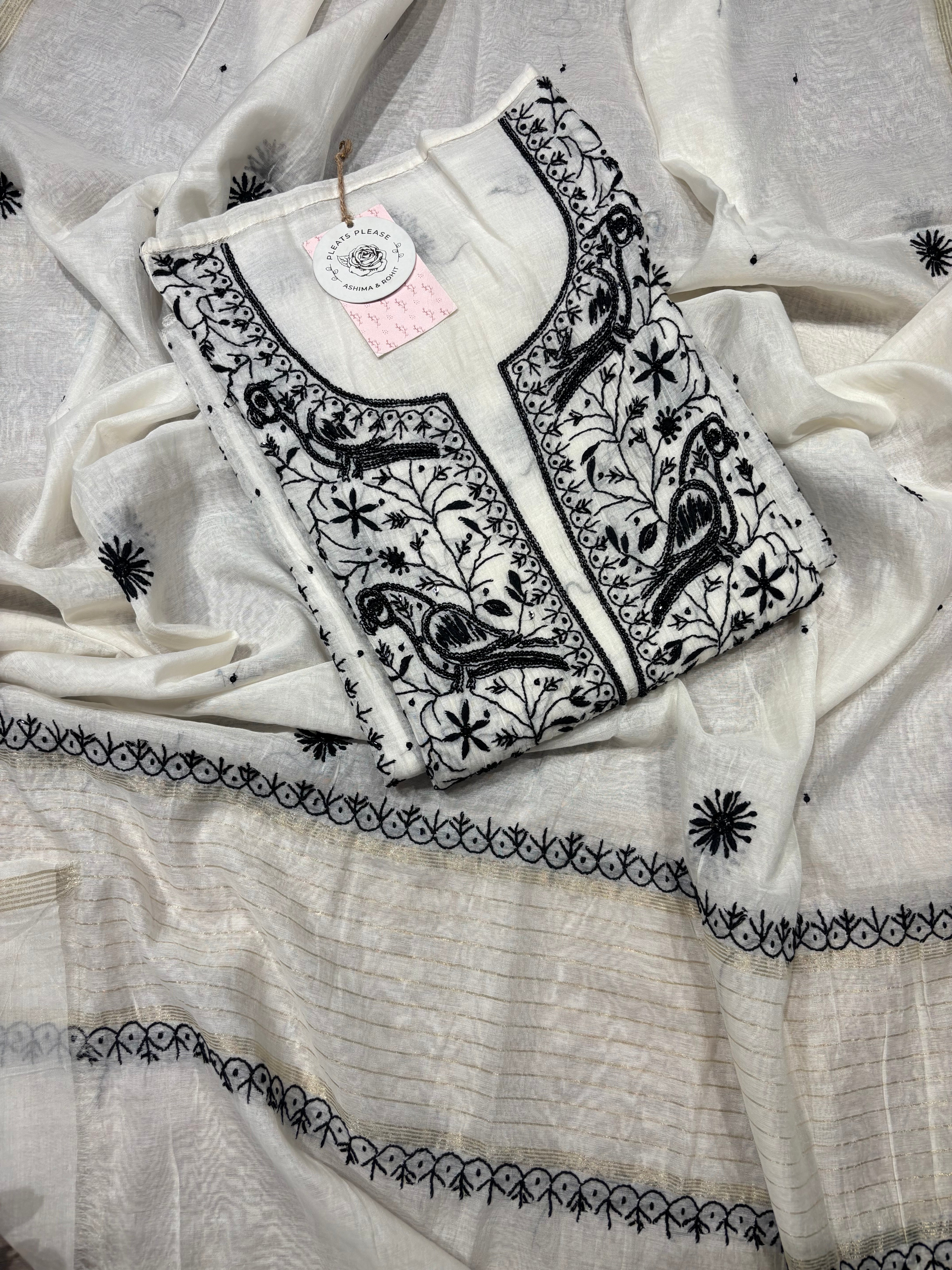 Dyeable Chanderi Mul Chikankari Kurta And Dupatta Set