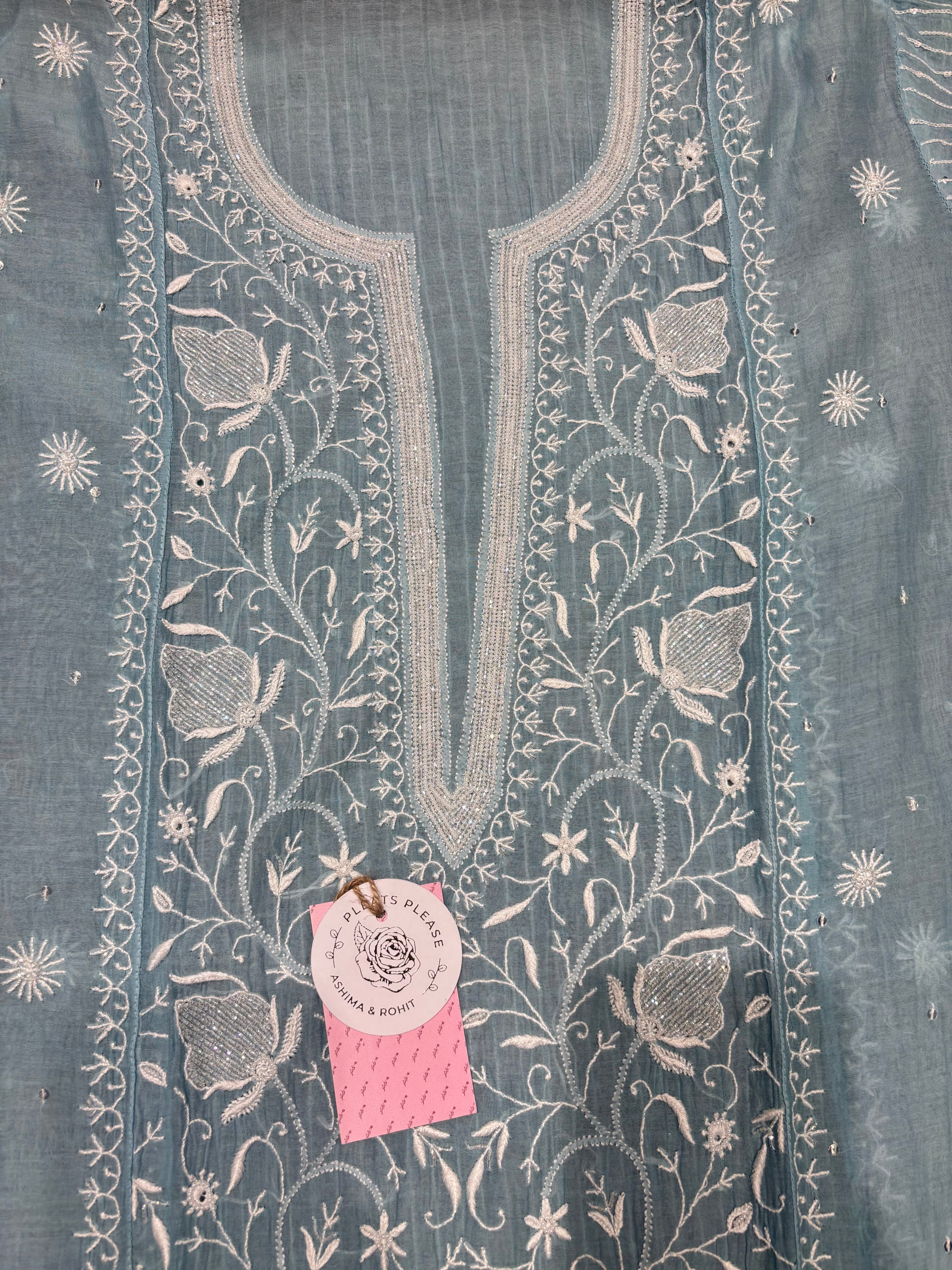 Powder Blue Chanderi Mul Chikankari Kurta and Dupatta Set
