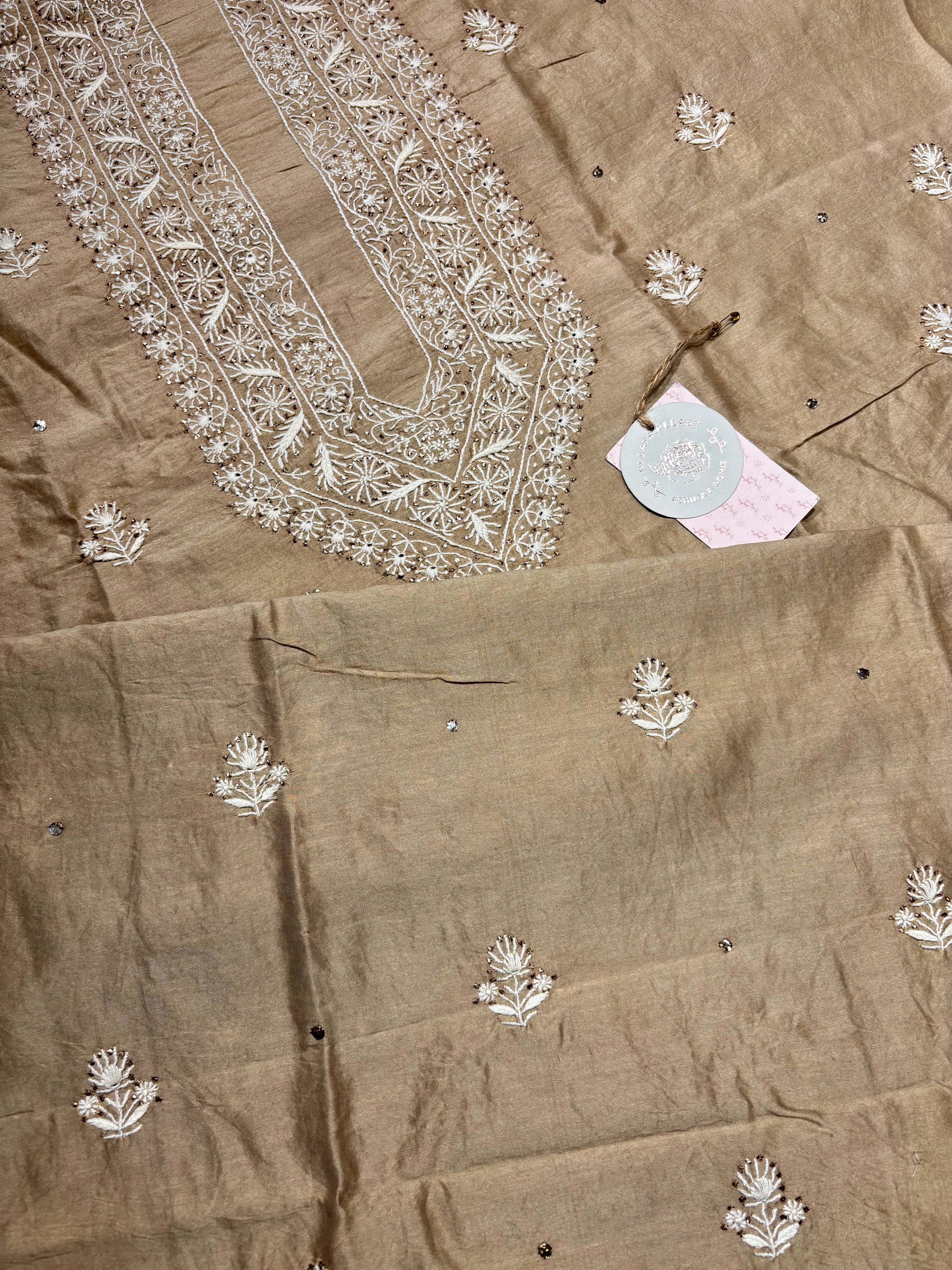 Beige Chanderi Silk Chikankari Mukaish Men’s Kurta Fabric
