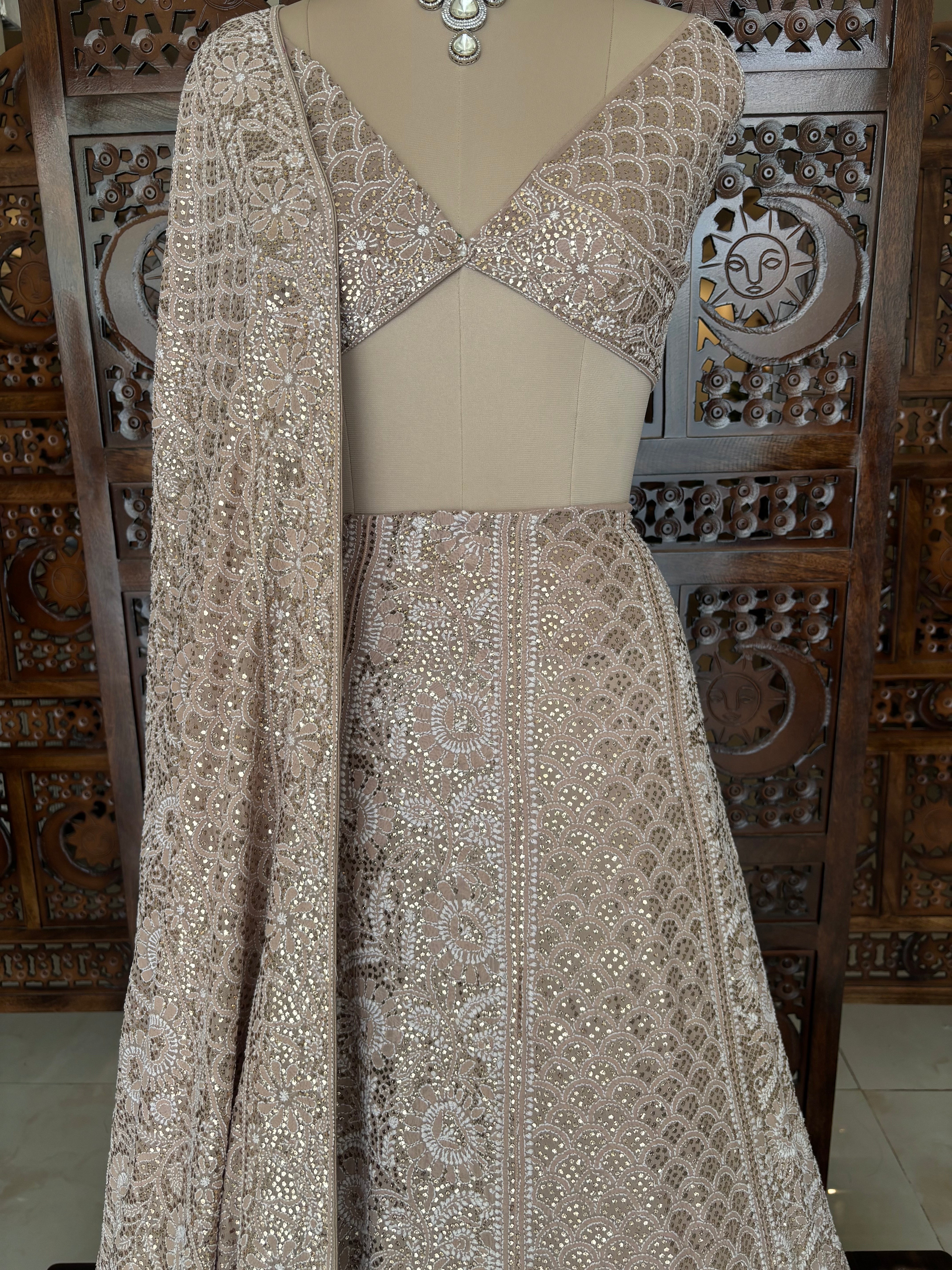 Champagne Beige Pure & Premium Georgette Chikankari Mukaish Lehenga & Dupatta Set