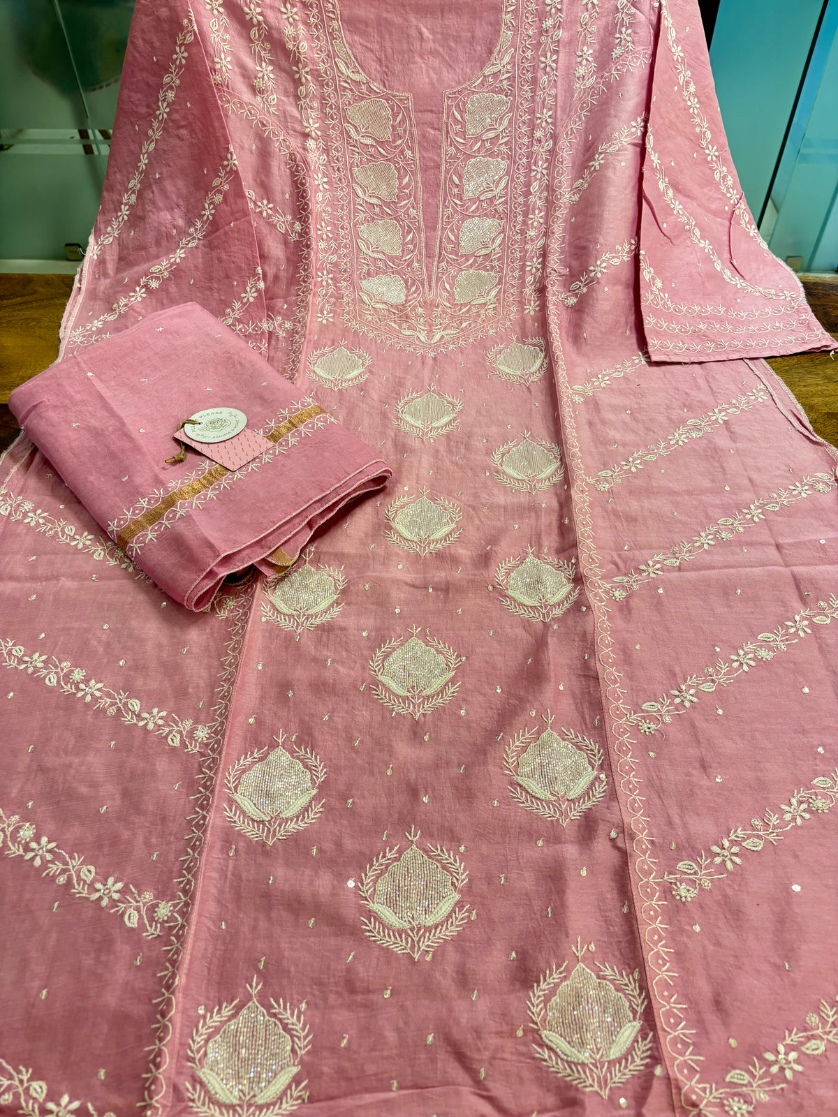 Pink Chanderi Chikankari Kurta & Dupatta