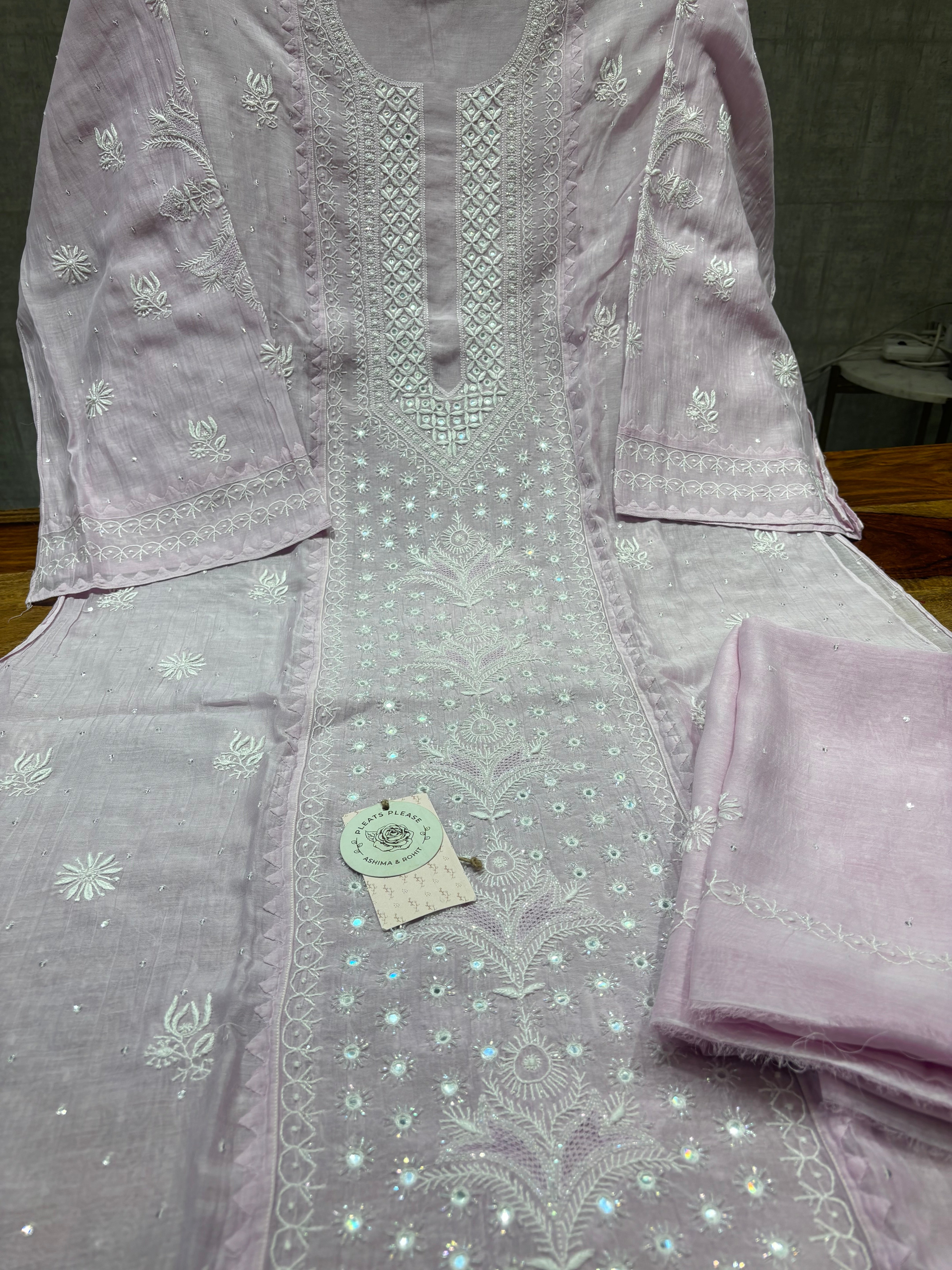 Lilac Chanderi Mul Chikankari Kurta and Dupatta Set