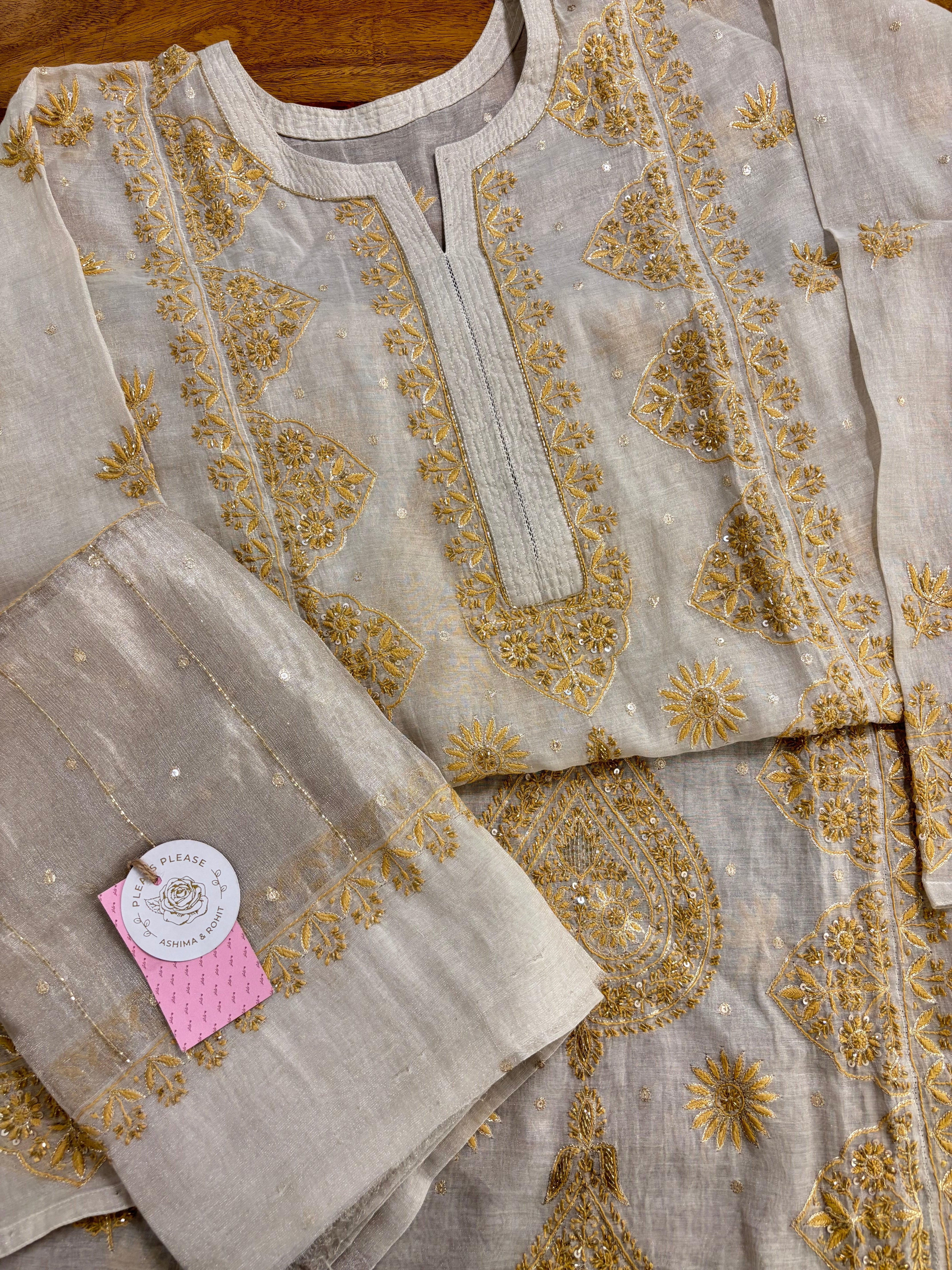 Dyeable Ivory Silver Pure & Premium Tissue Chikankari Kurta & Dupatta