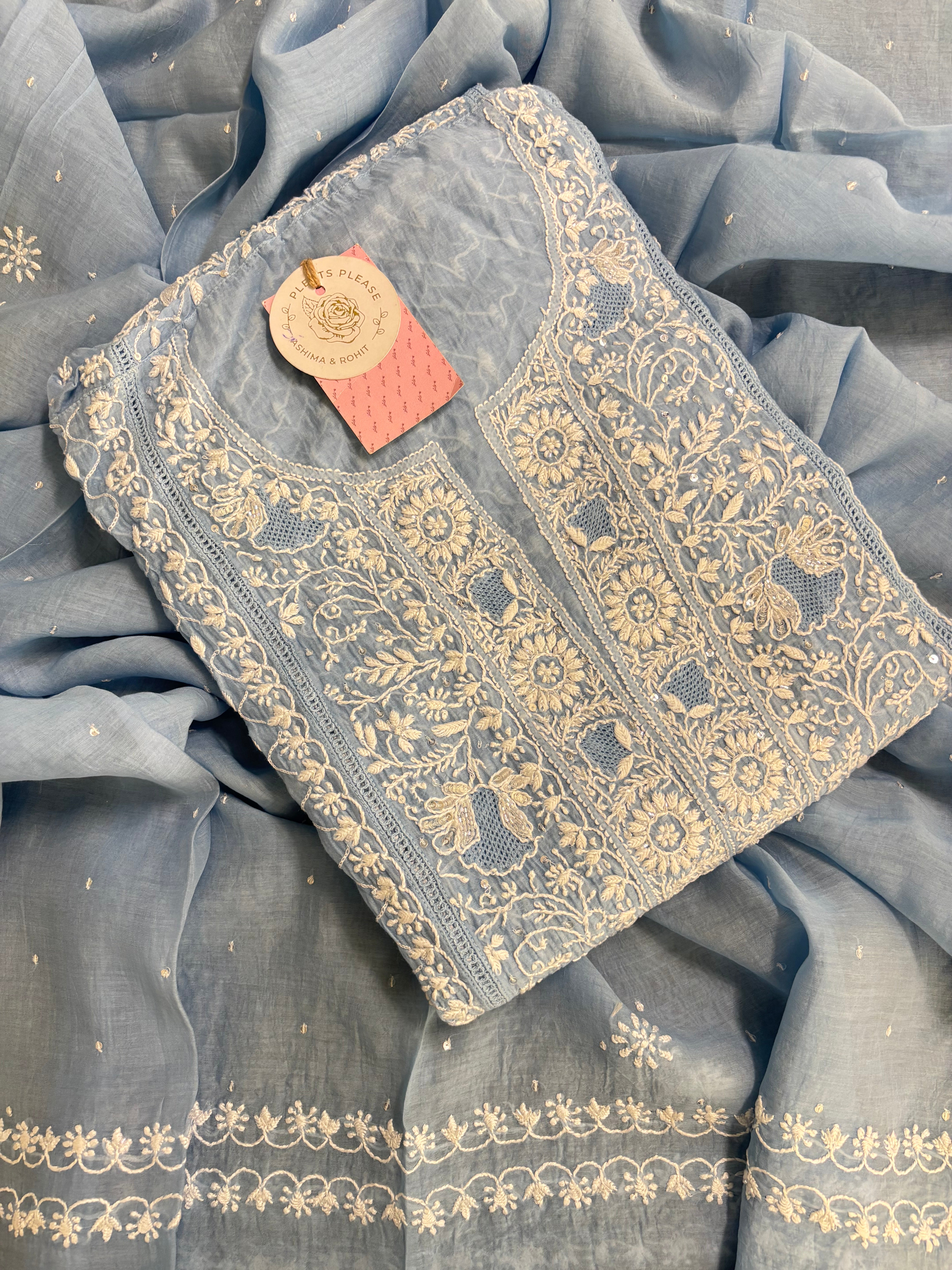 Powder Blue Chanderi Mul Chikankari Kurta  and Dupatta