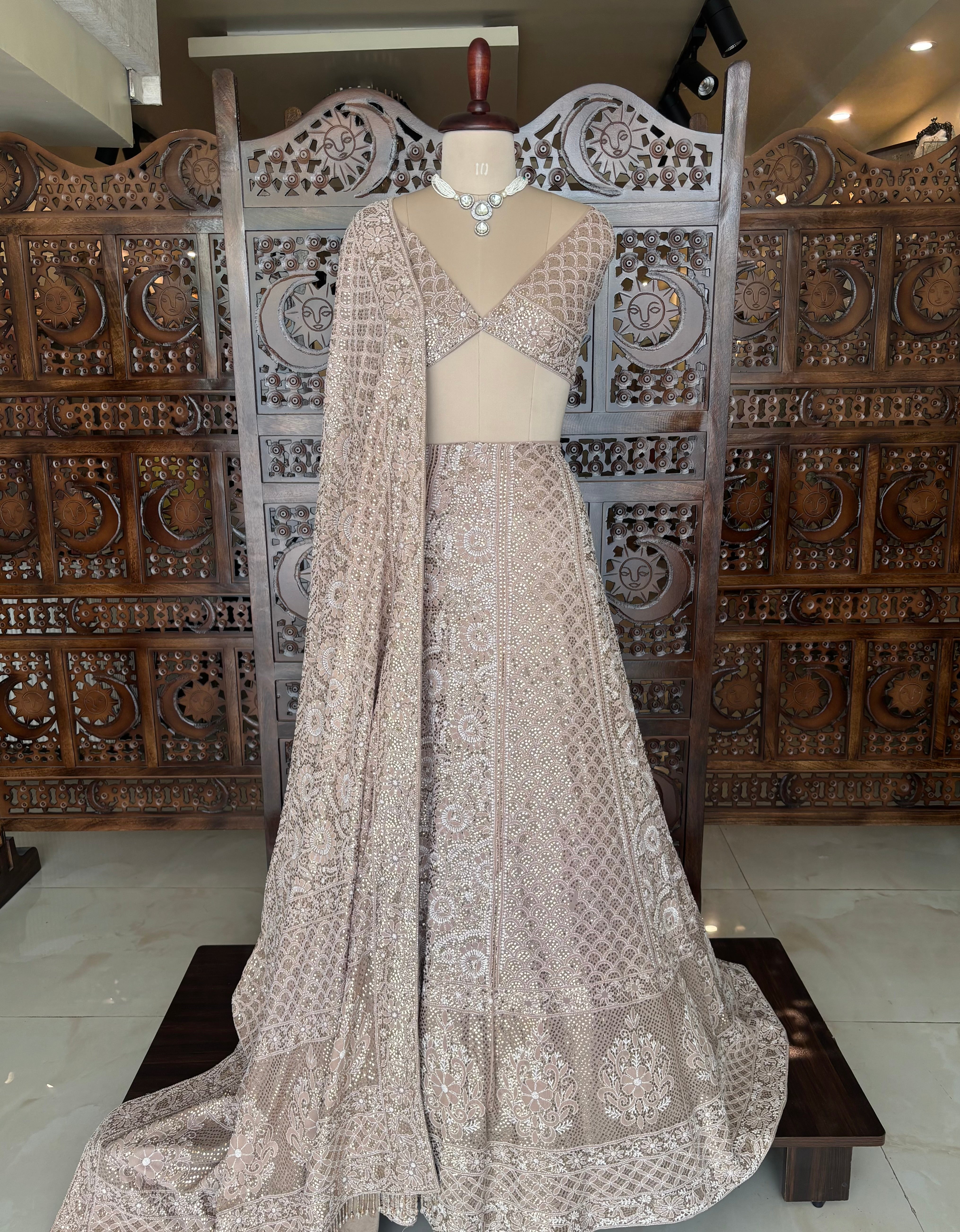 Champagne Beige Pure & Premium Georgette Chikankari Mukaish Lehenga & Dupatta Set