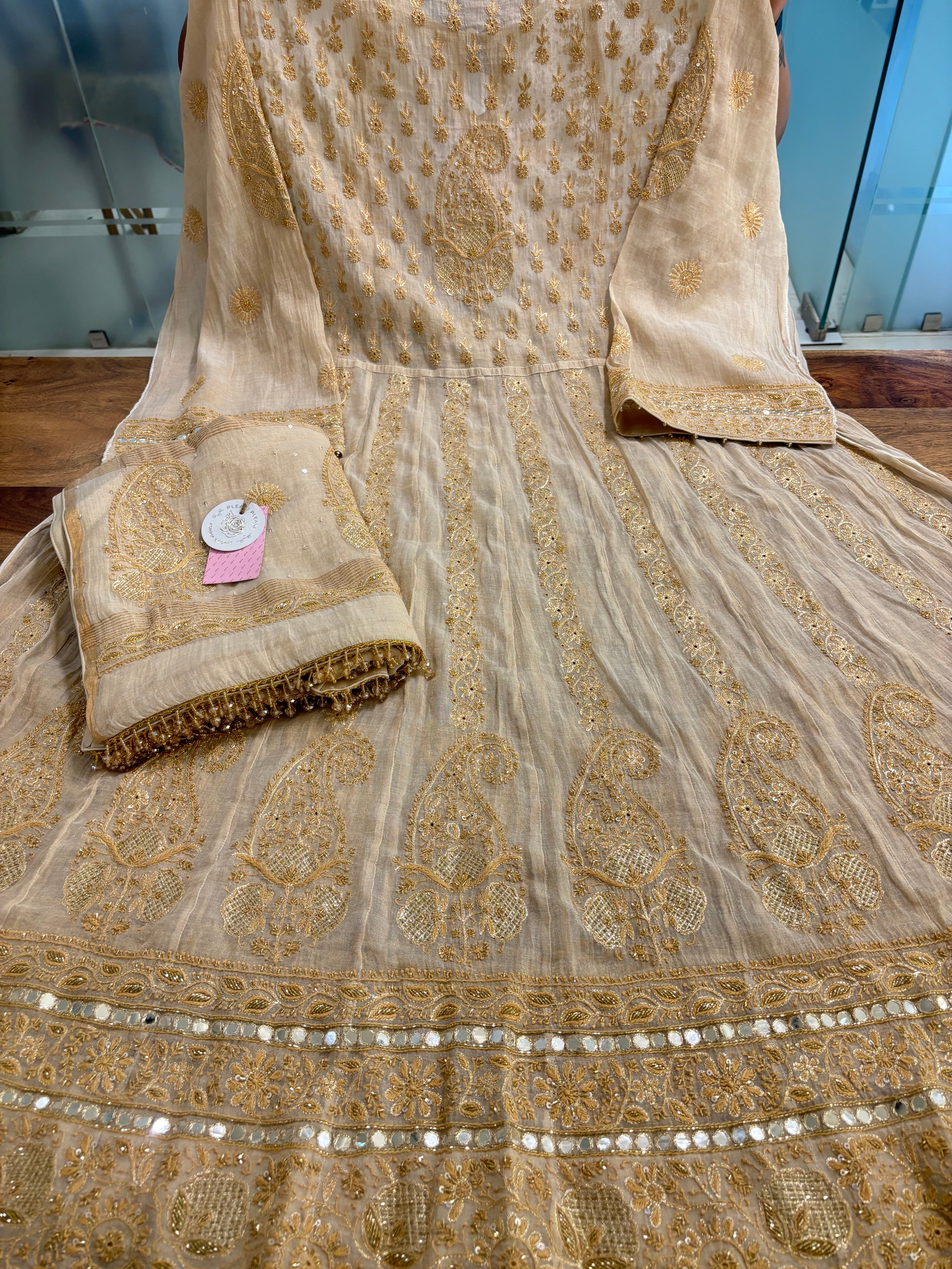 Dyeable Pure & Premium Tissue Mirror Chikankari Bajirao Anarkali & Dupatta