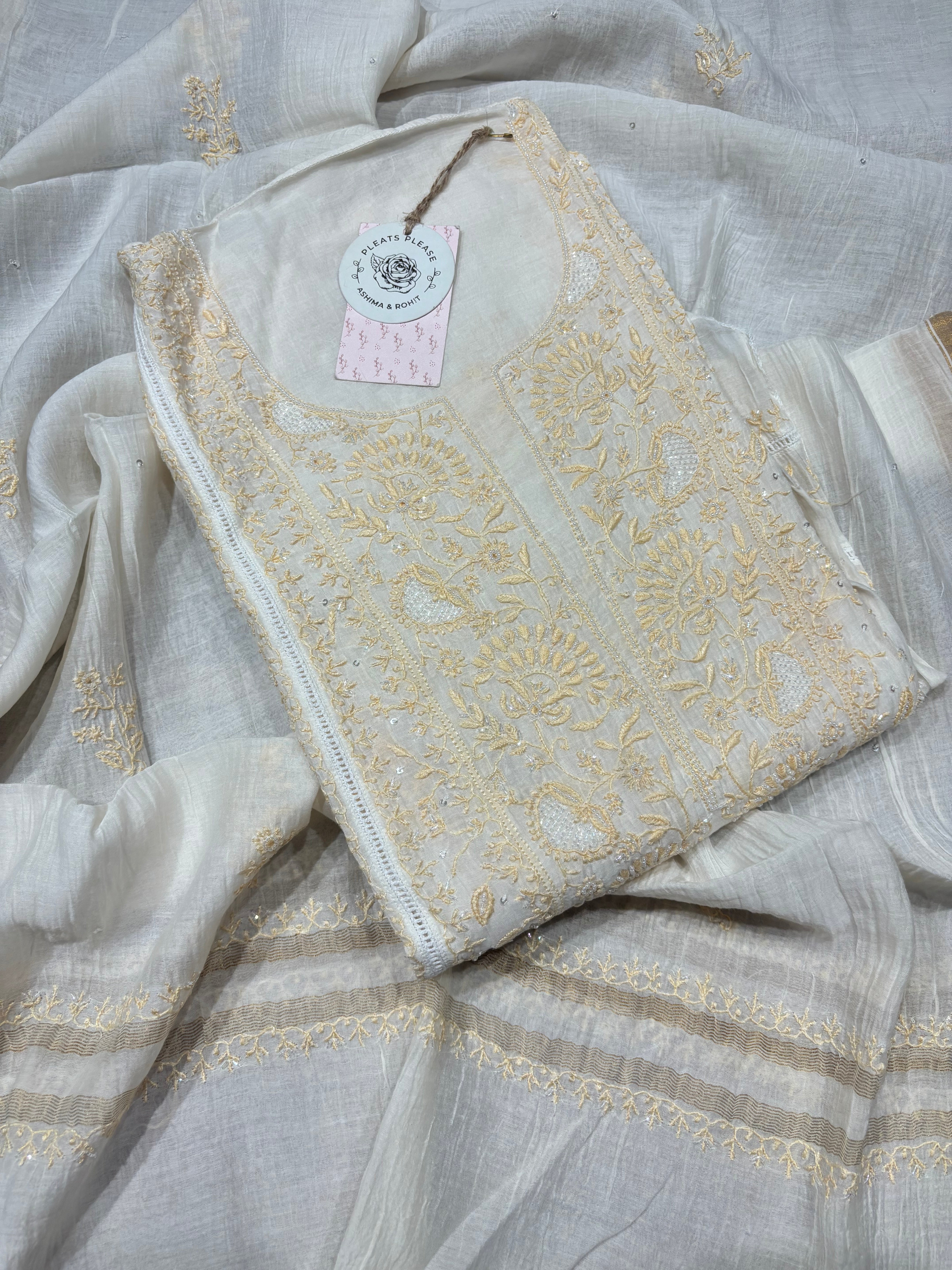 Dyeable Chanderi Silk Chikankari Kurta and Dupatta set
