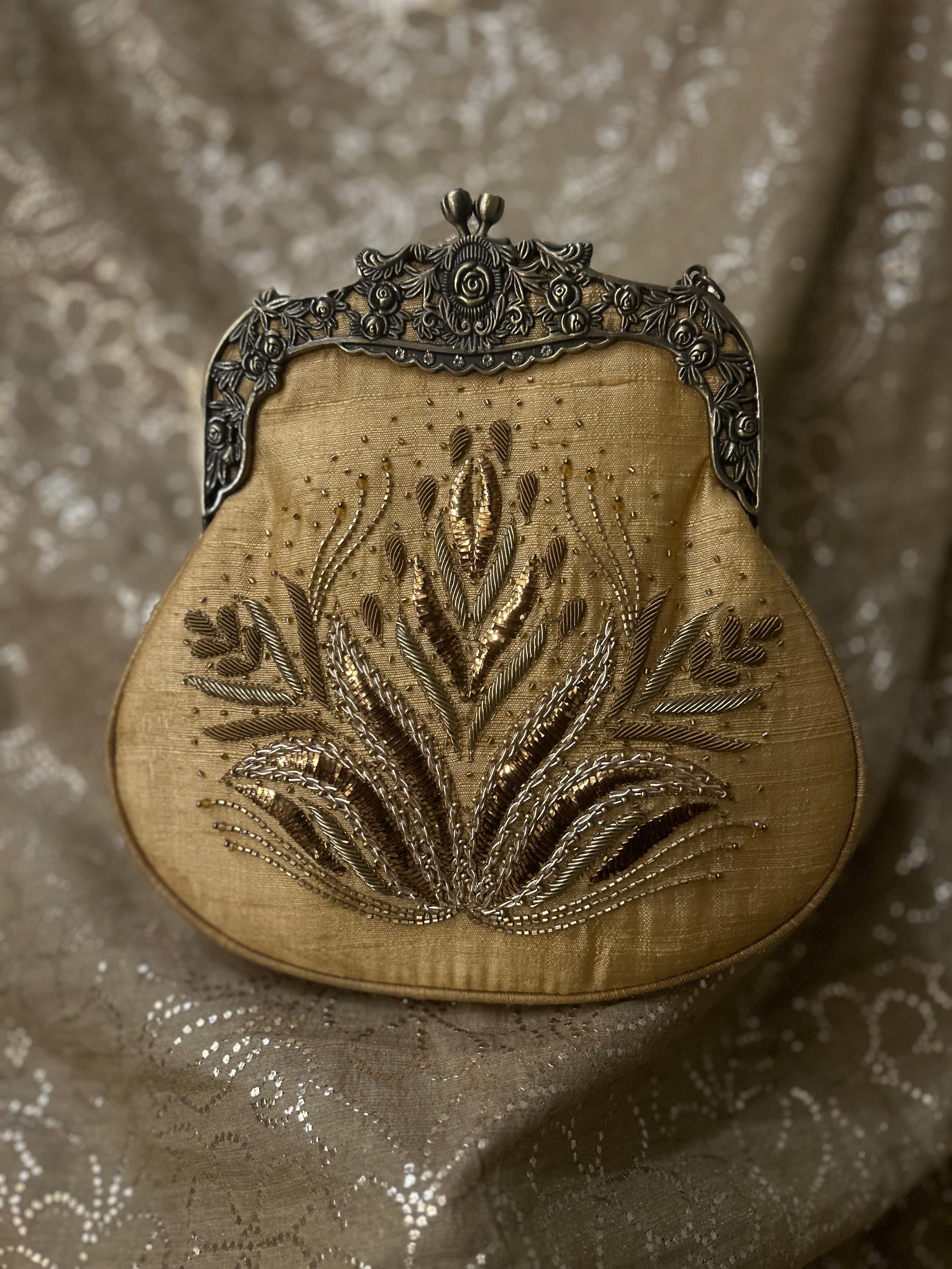 Beige Zardozi Mukaish Clutch Bag