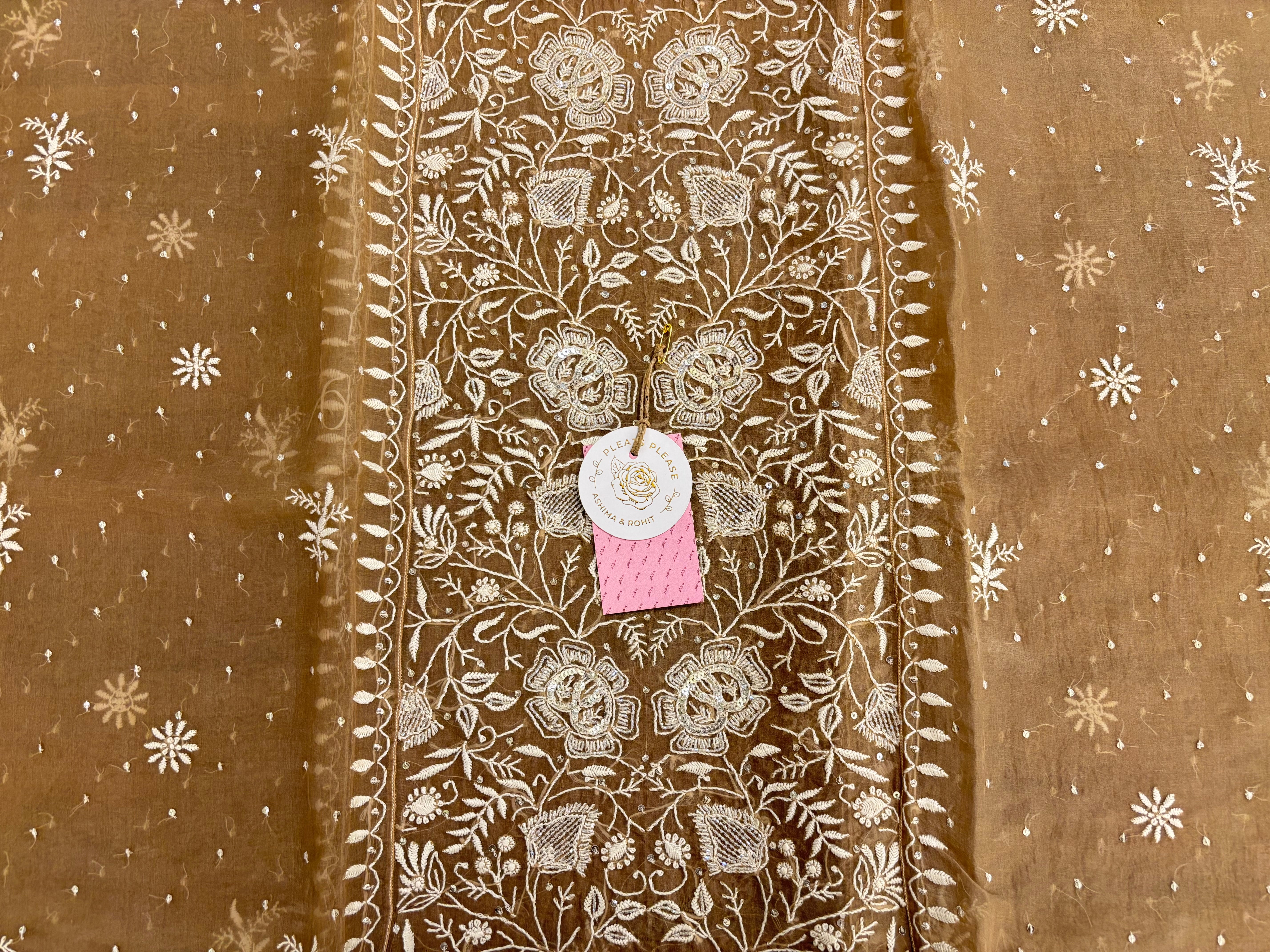 Brown Ombré Organza Silk Chikankari Kurta & Dupatta