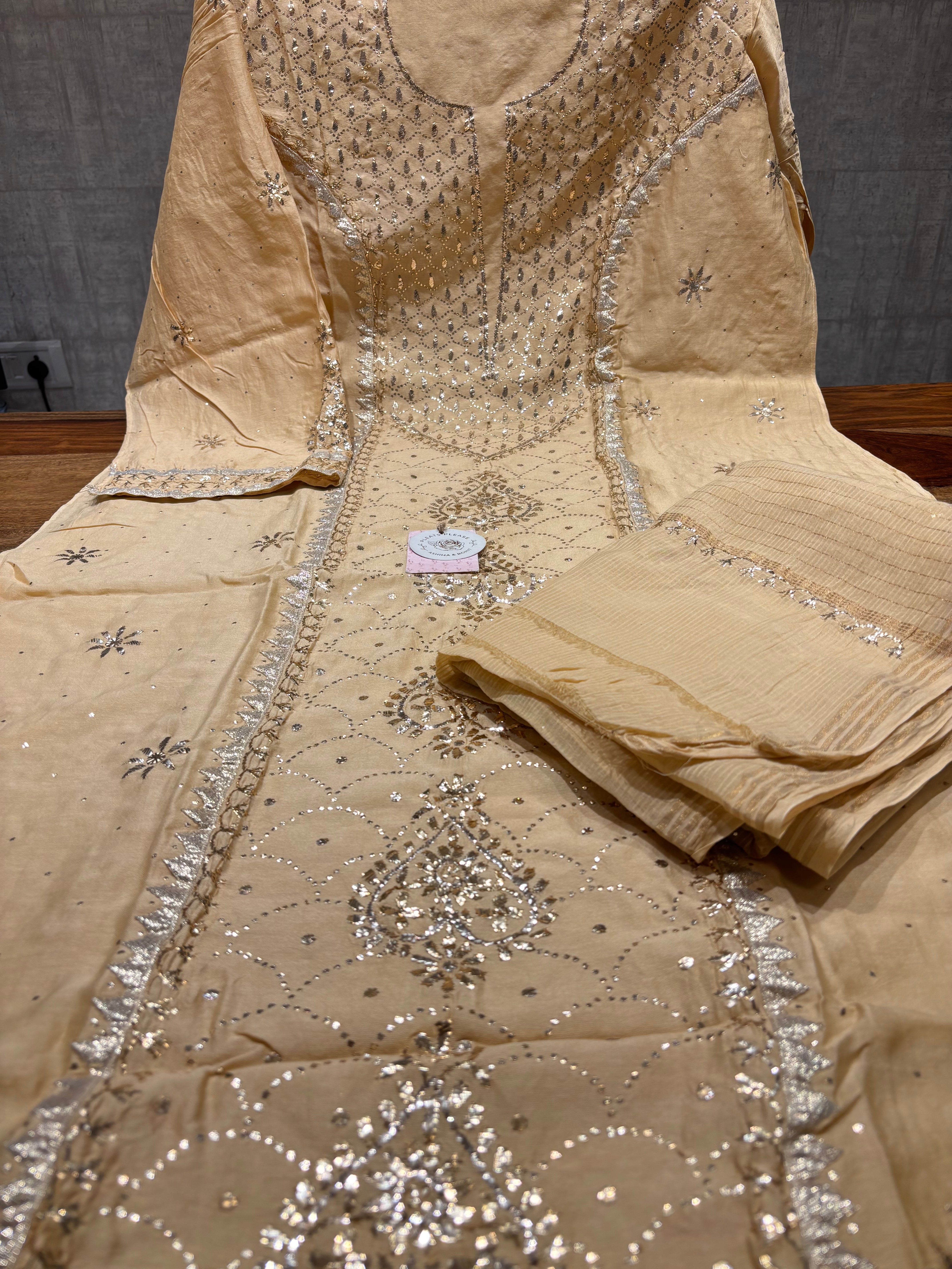 Golden Chanderi Silk Mukaish Kurta & Dupatta Set
