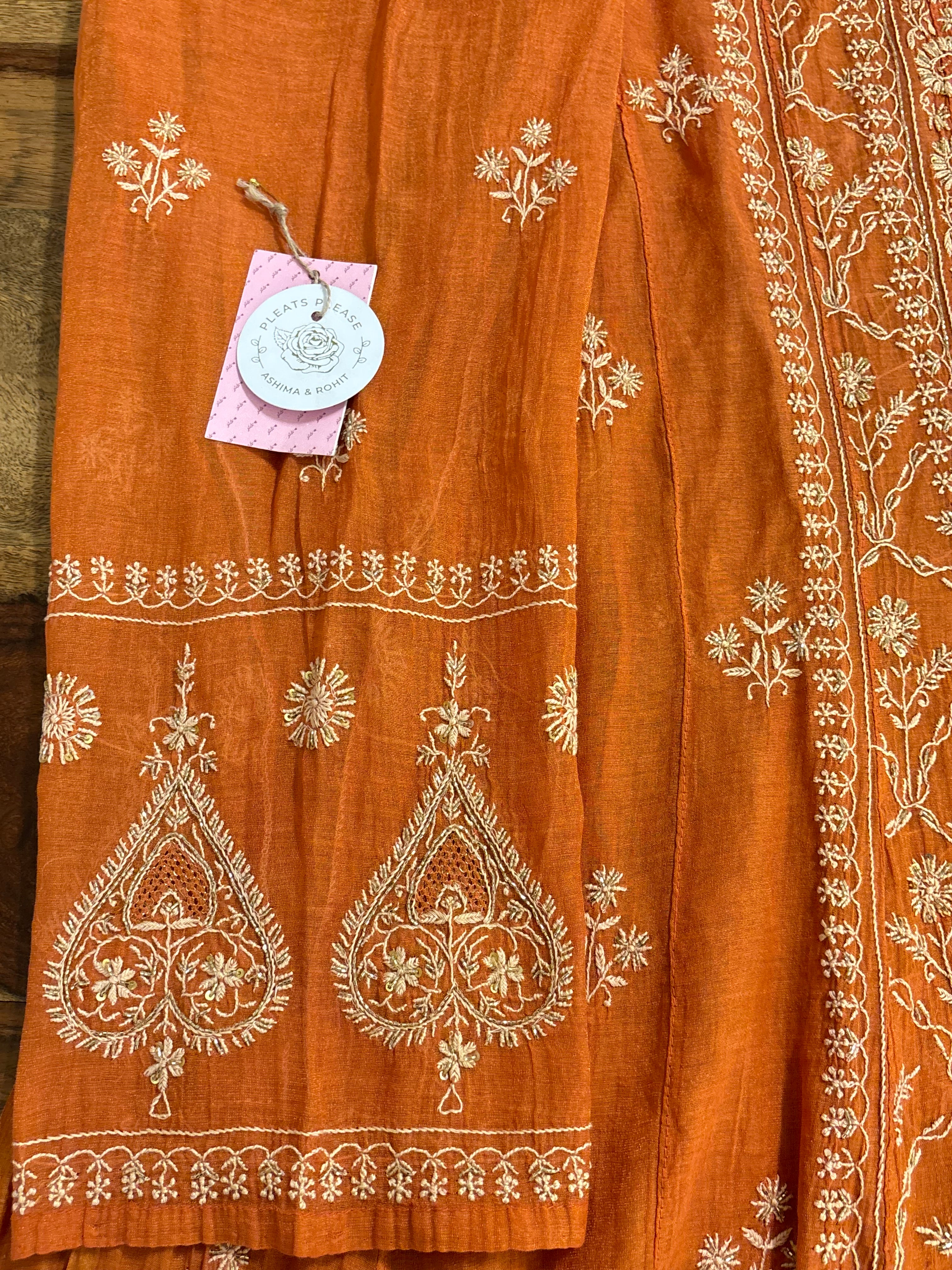 Orange Chanderi Chikankari Kurta Dupatta Set