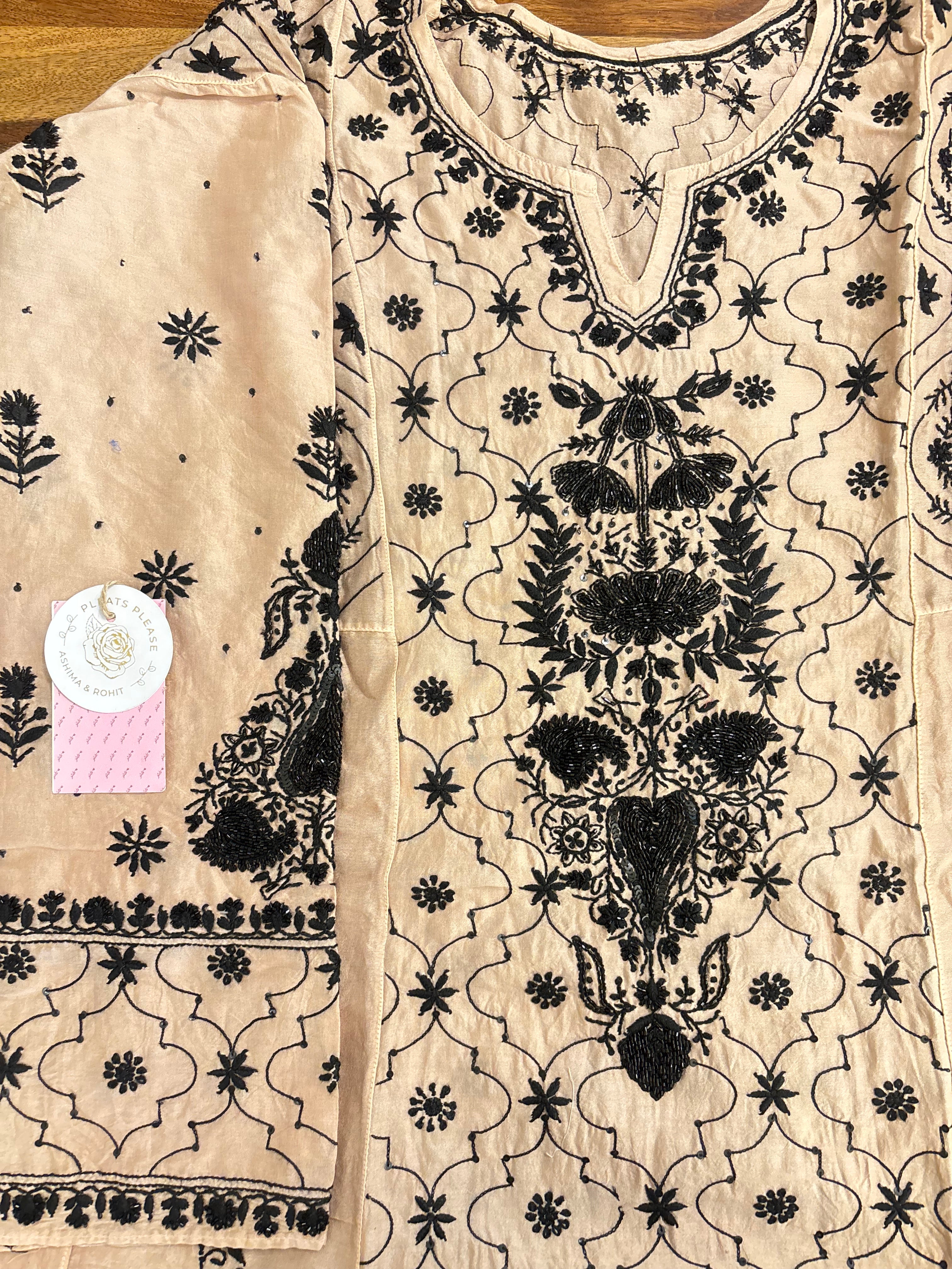 Blush Cream Chanderi Chikankari Anarkali & Dupatta Set