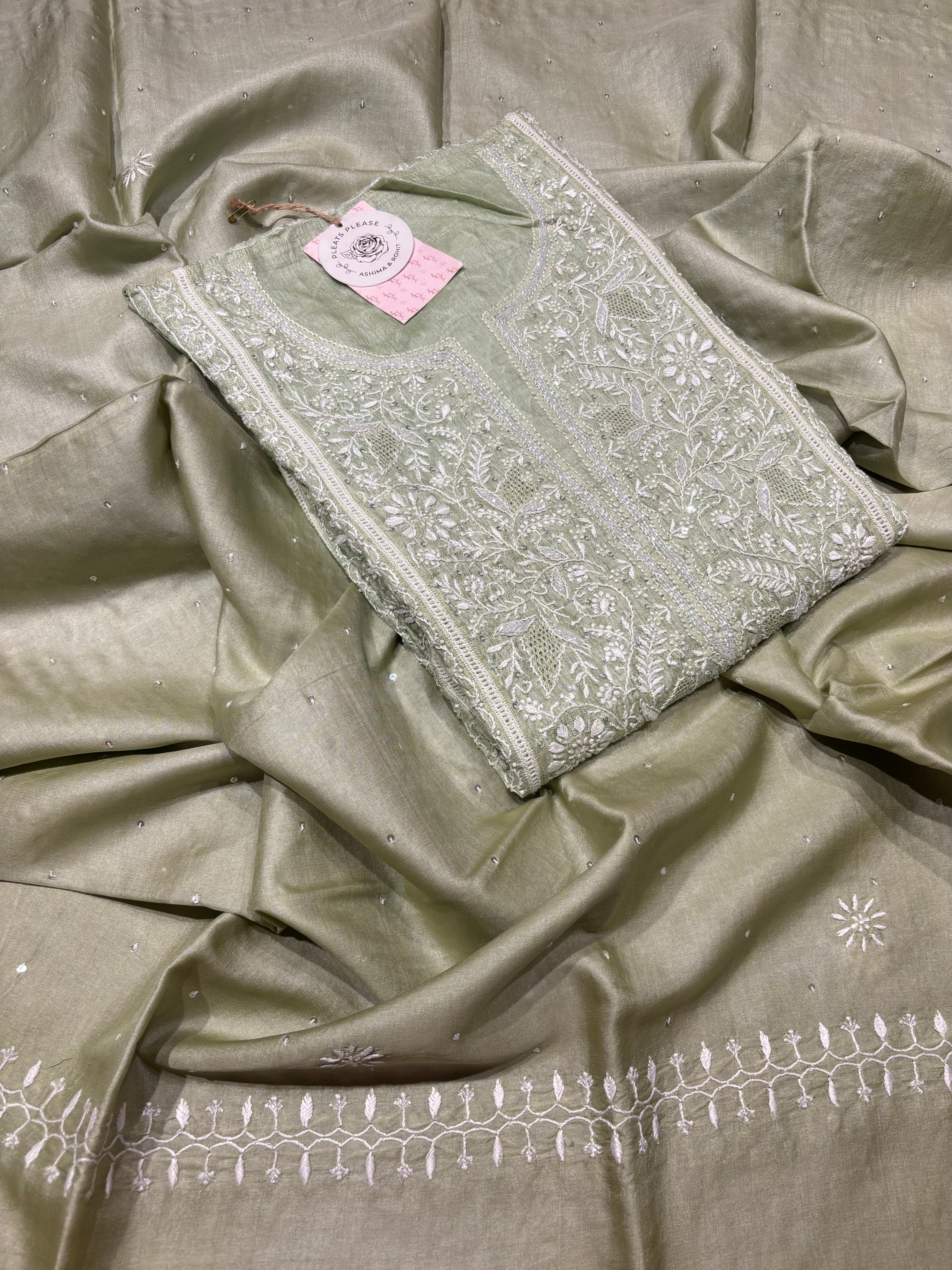 Pistachio Green Tussar Silk Chikankari Kurta And Dupatta Set