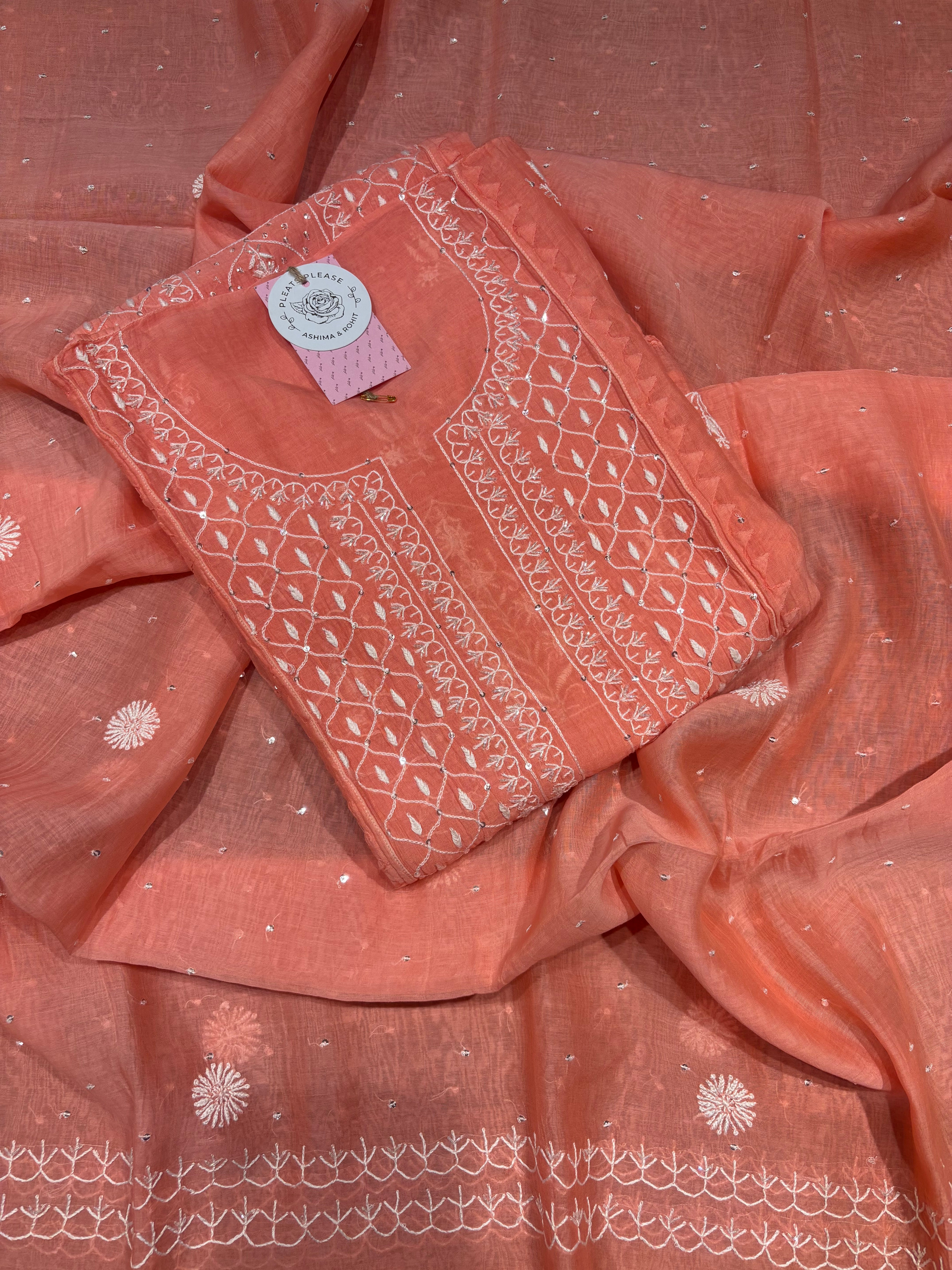 Pink Chanderi Mul Chikankari Kurta and Dupatta Set