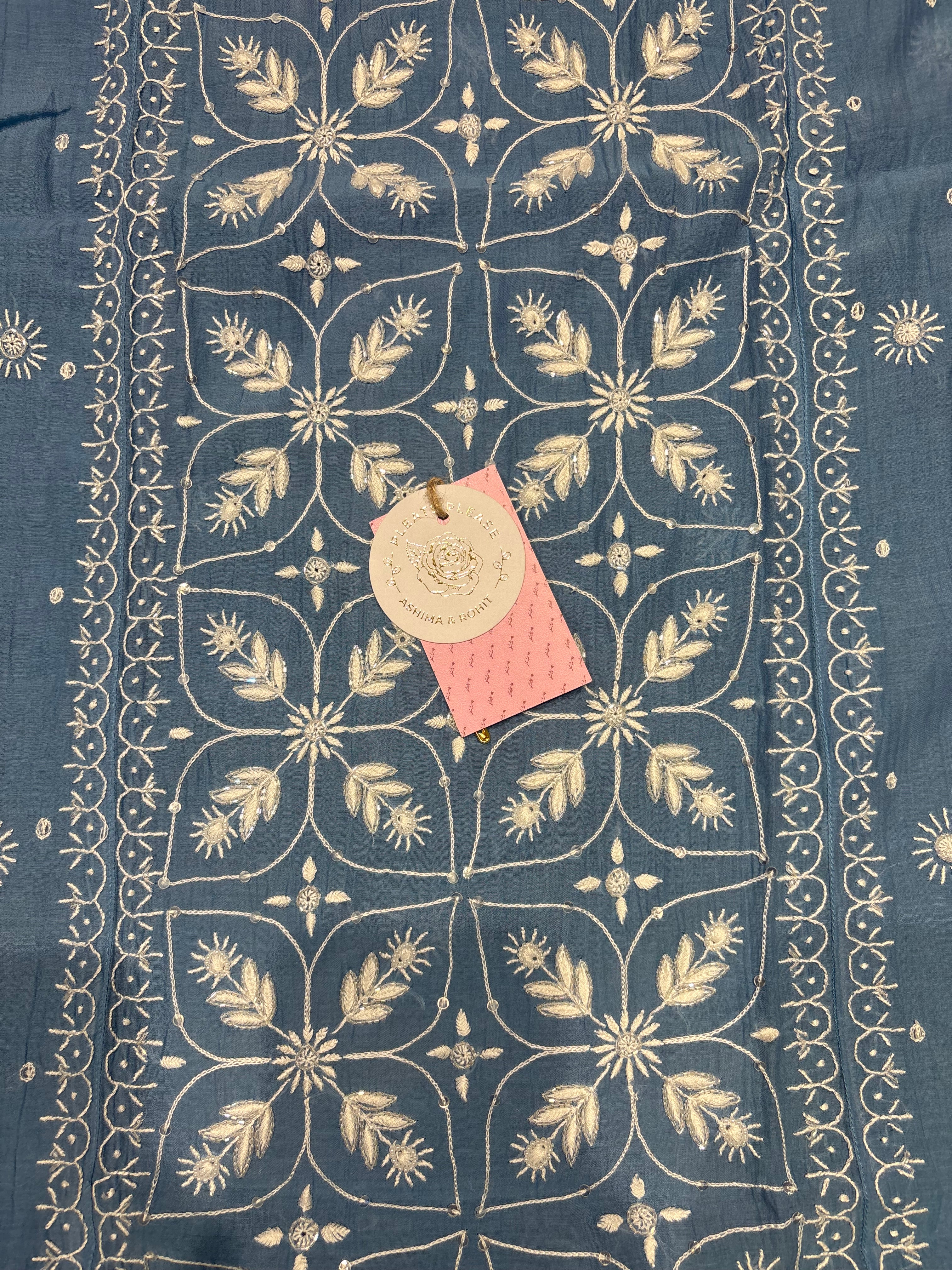 Blue Chanderi Mul Chikankari Kurta and Dupatta Set