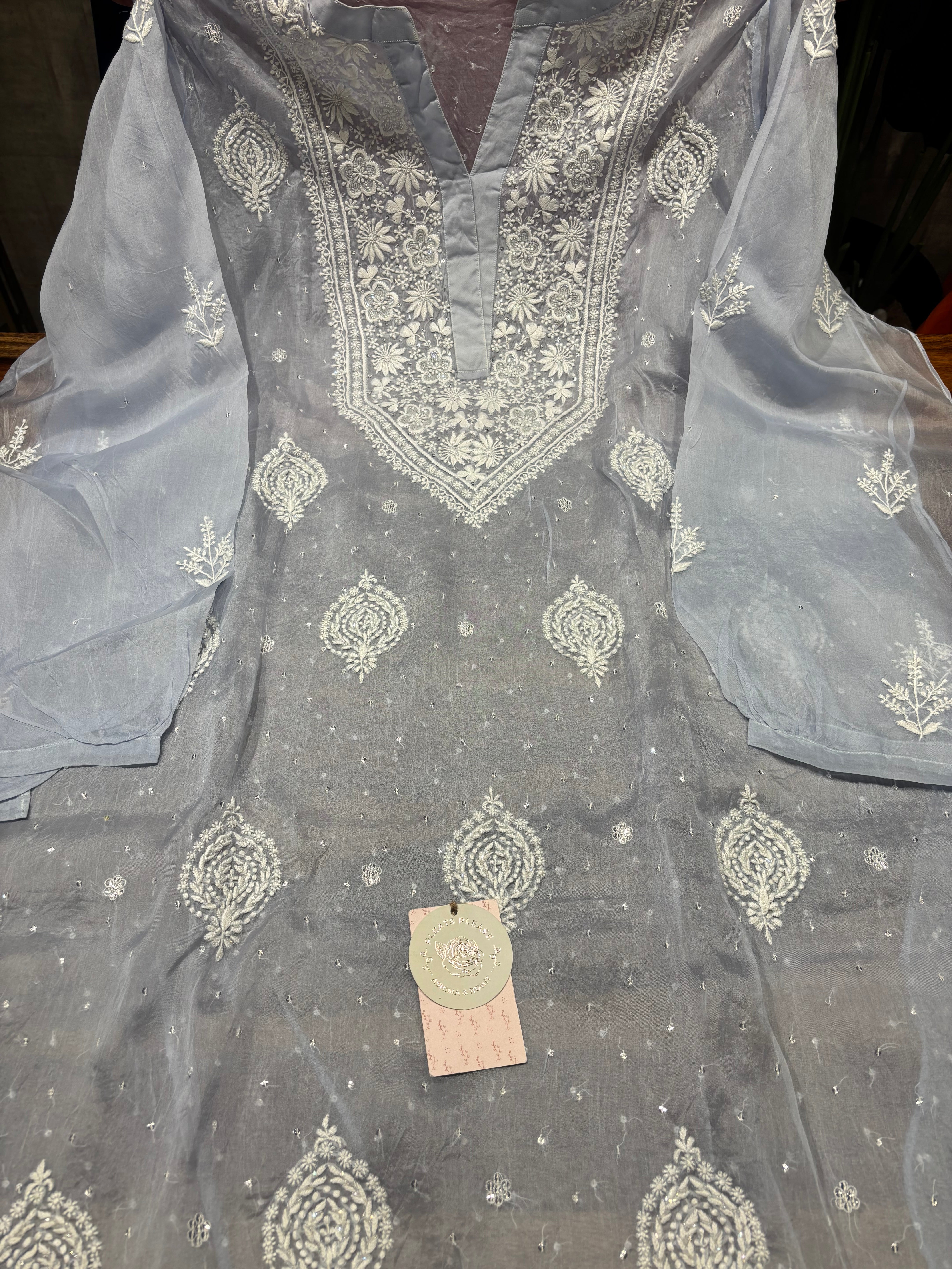 Tealish Blue Pure & Premium Organza Silk Chikankari Co-ord Set