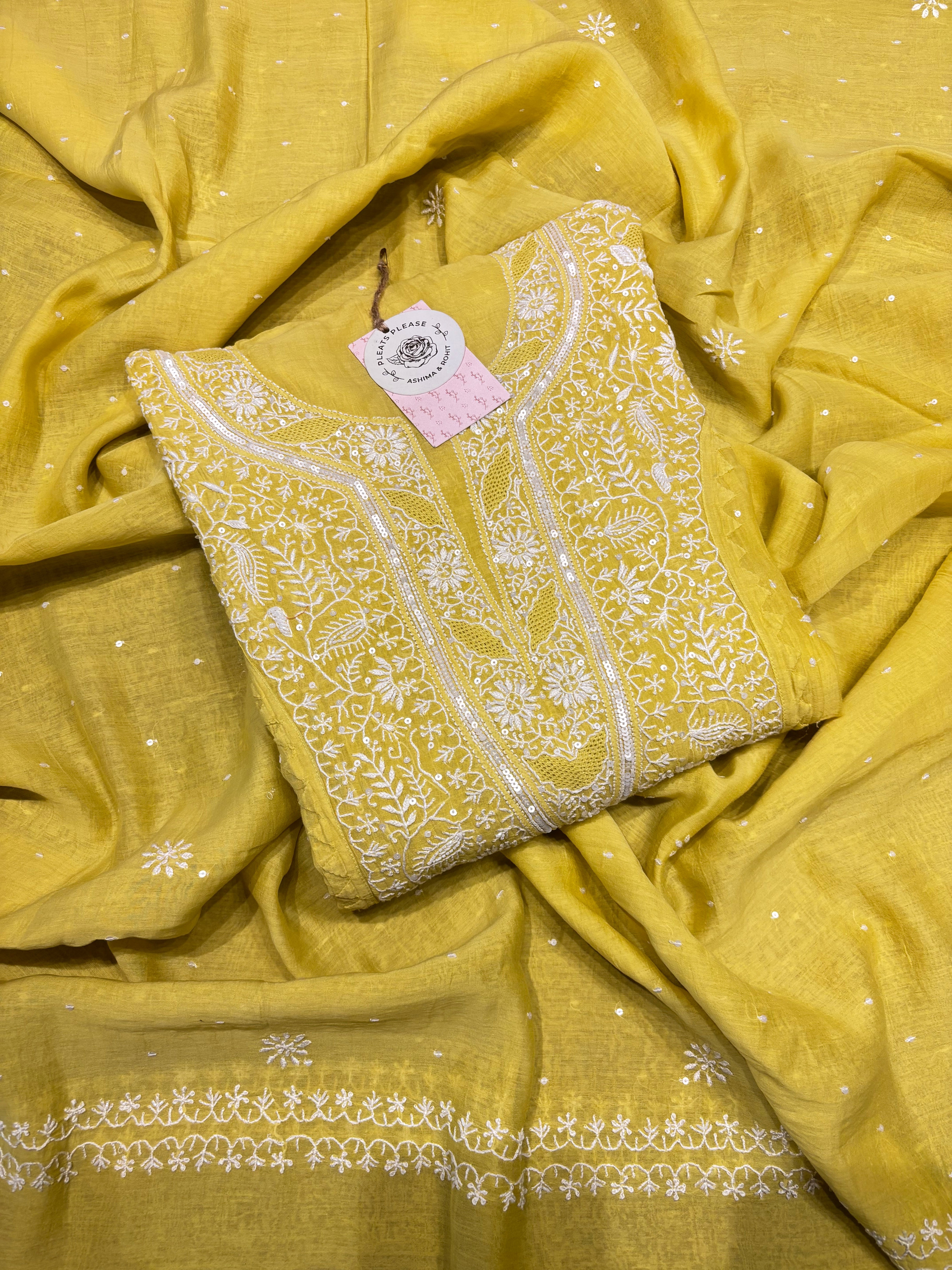 Yellow Chanderi Mul Chikankari Kurta and Dupatta set