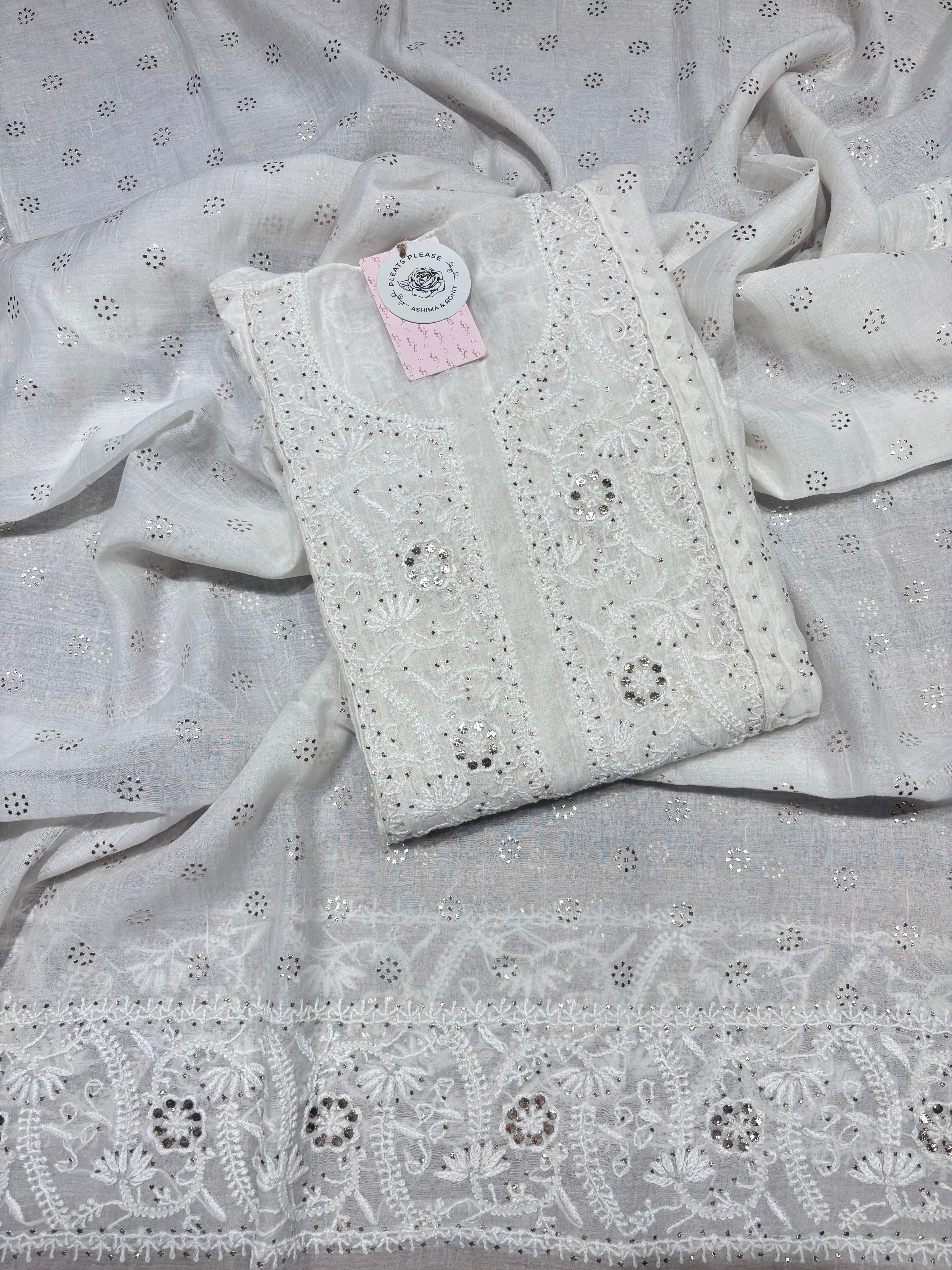 Dyeable Chanderi Mul Chikankari & Mukaish Kurta & Dupatta Set