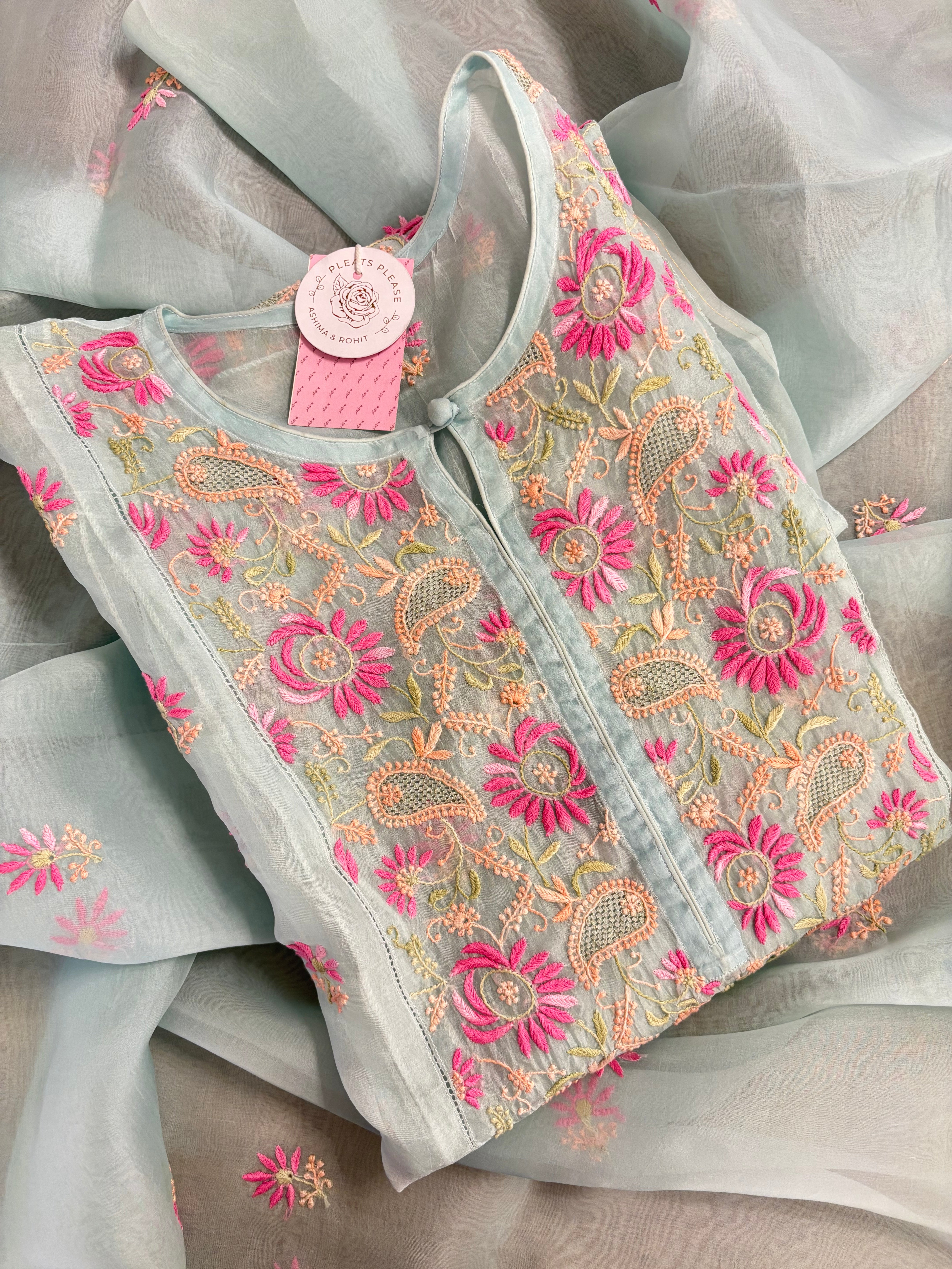 Sea Foam Green Organza Chikankari Kurta & Dupatta