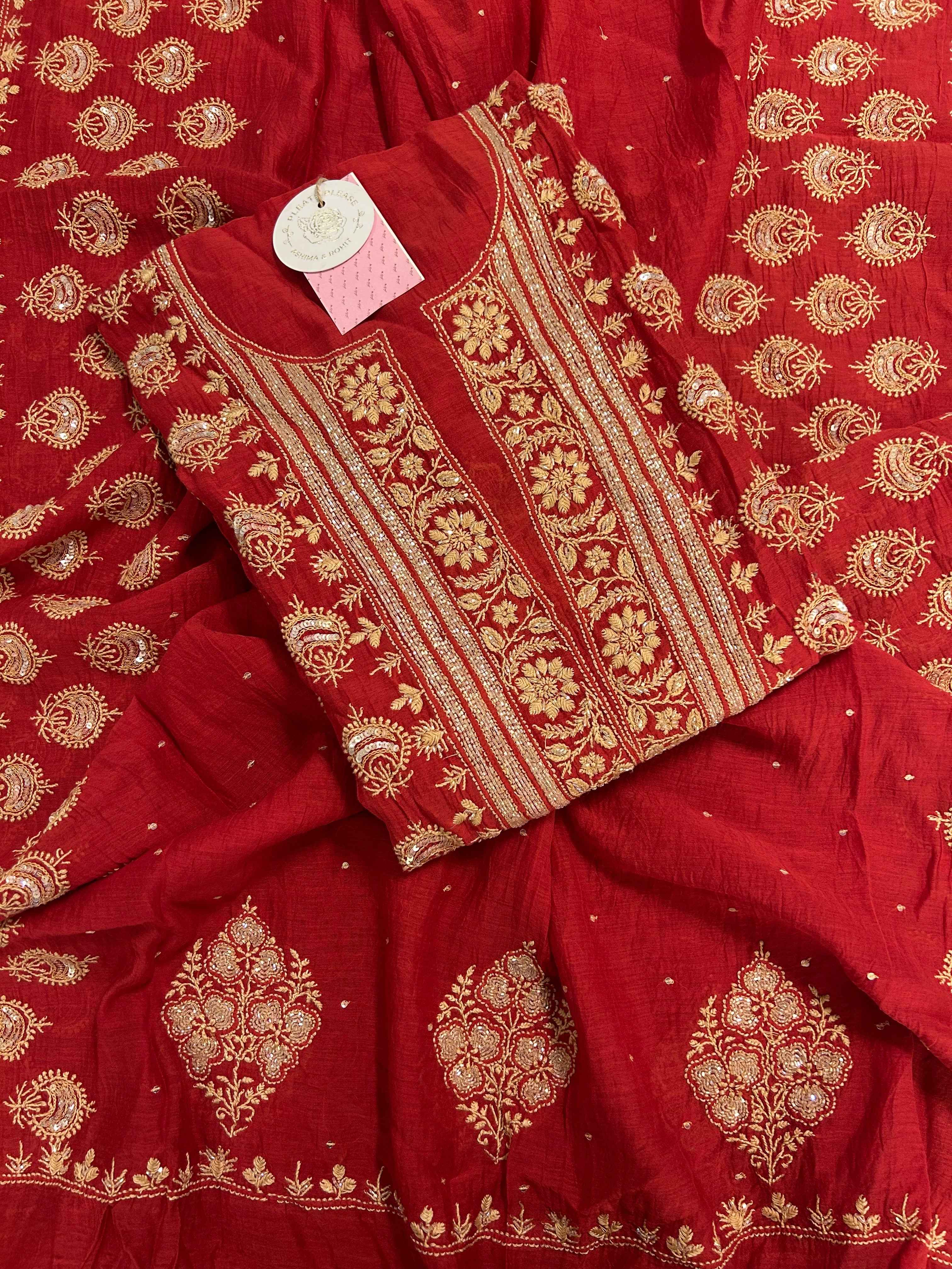 Red Chanderi Mul Chikankari Kurta & Dupatta