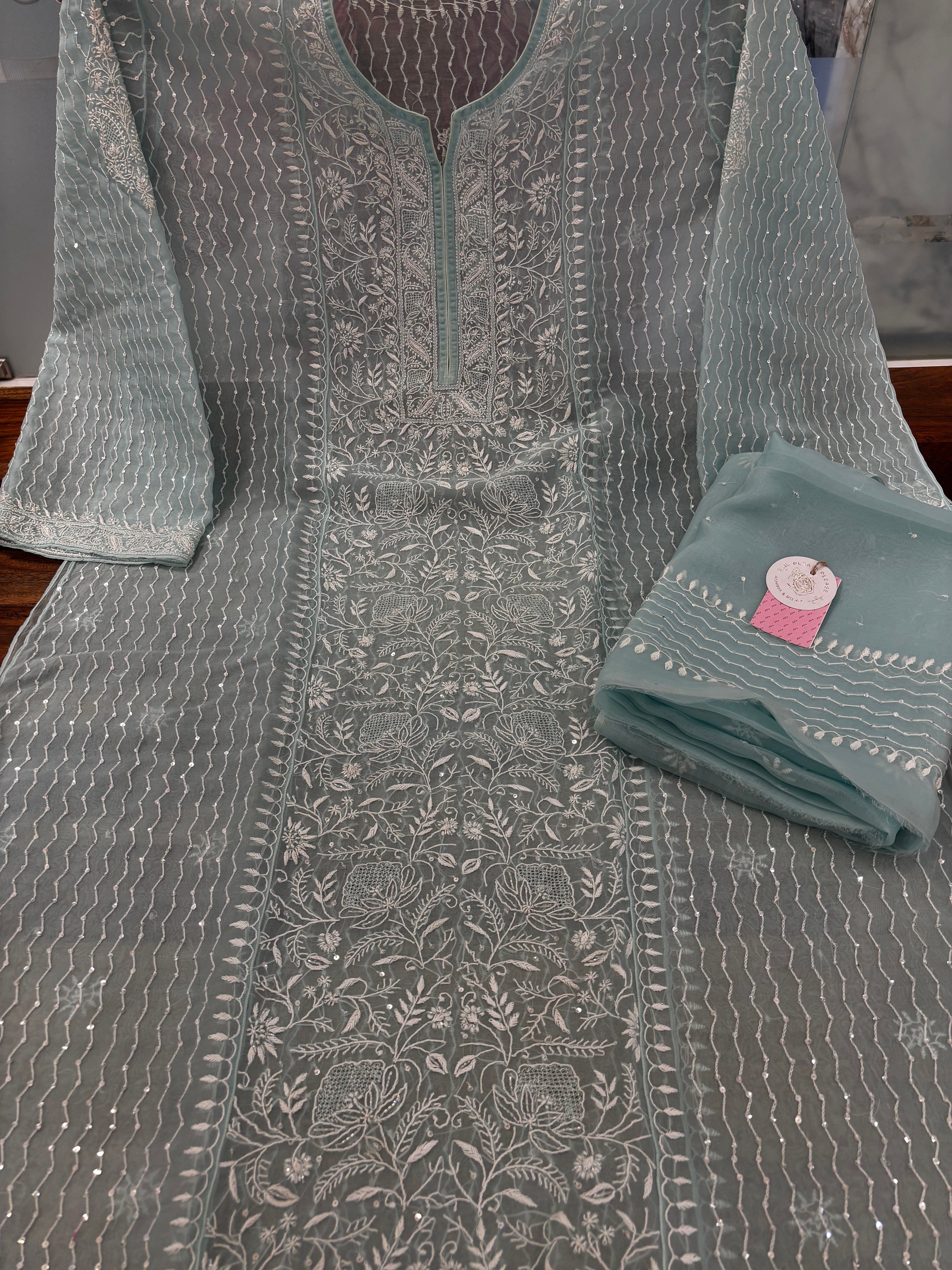 Mint Green Pure Organza Chikankari Kurta & Dupatta - Pleats PleaseChikankari