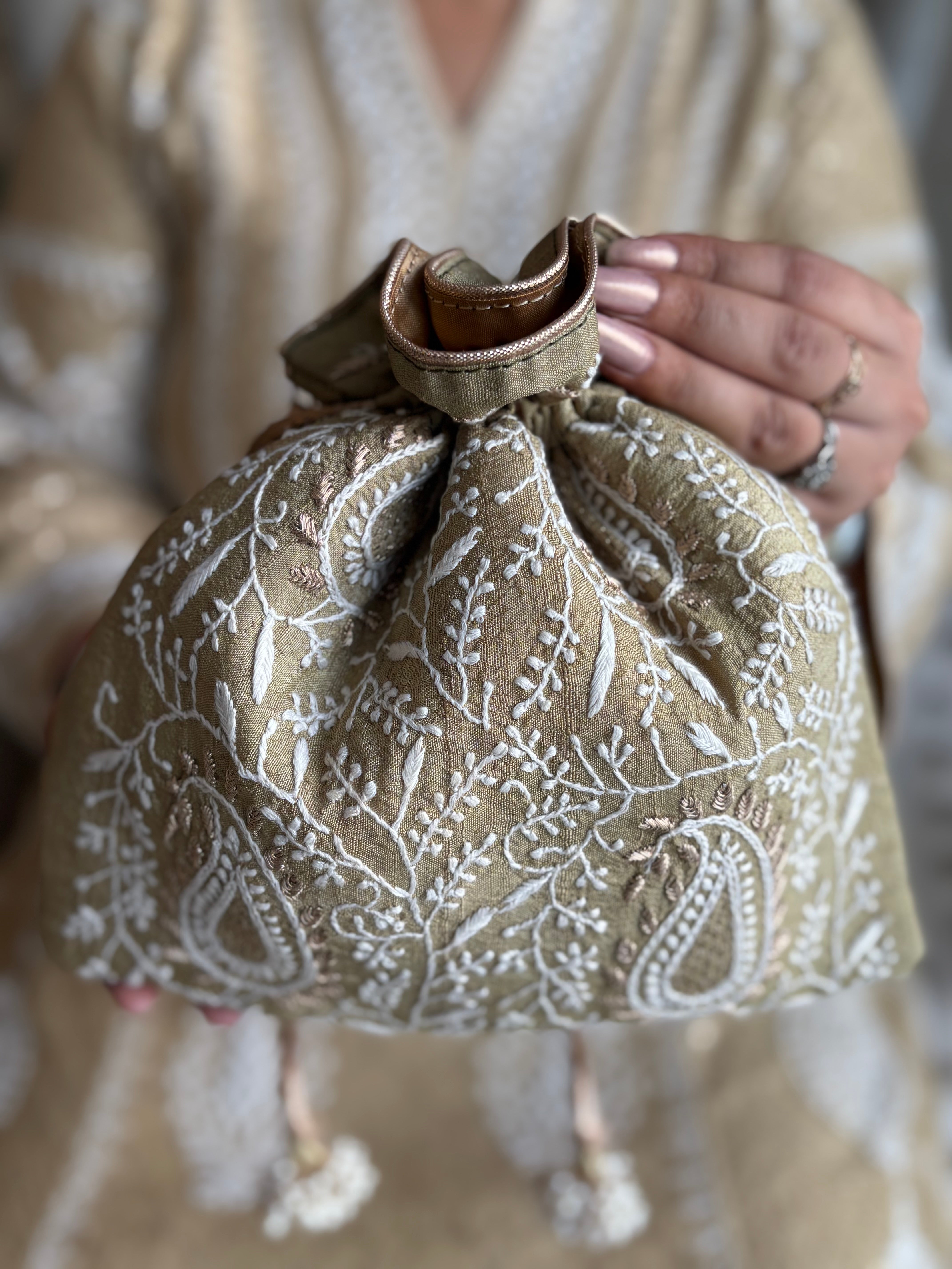 Olive Silk Chikankari Potli
