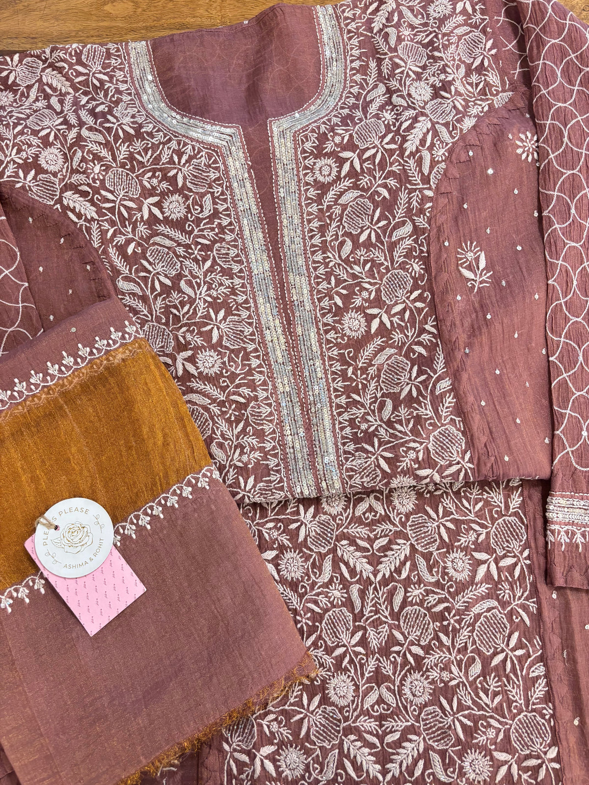 Mauve-Brown Tissue Chikankari Kurta & Dupatta