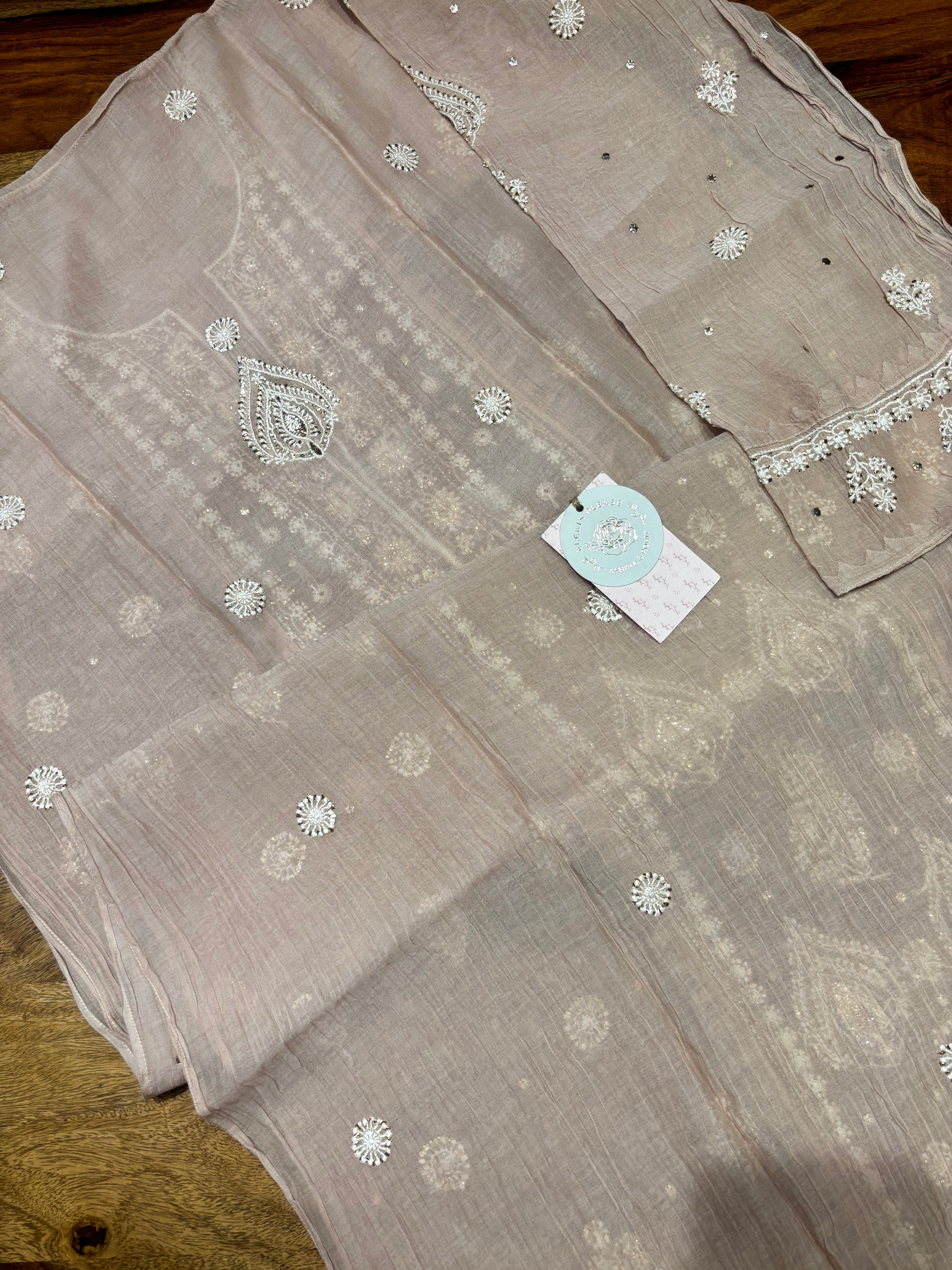 Nude Rose Chanderi Mul Chikankari & Mukaish Kurta & Dupatta Set