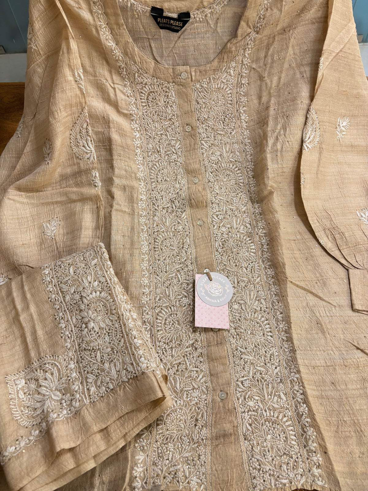 Natural Tussar Silk Chikankari Mukaish Co-Ord Set