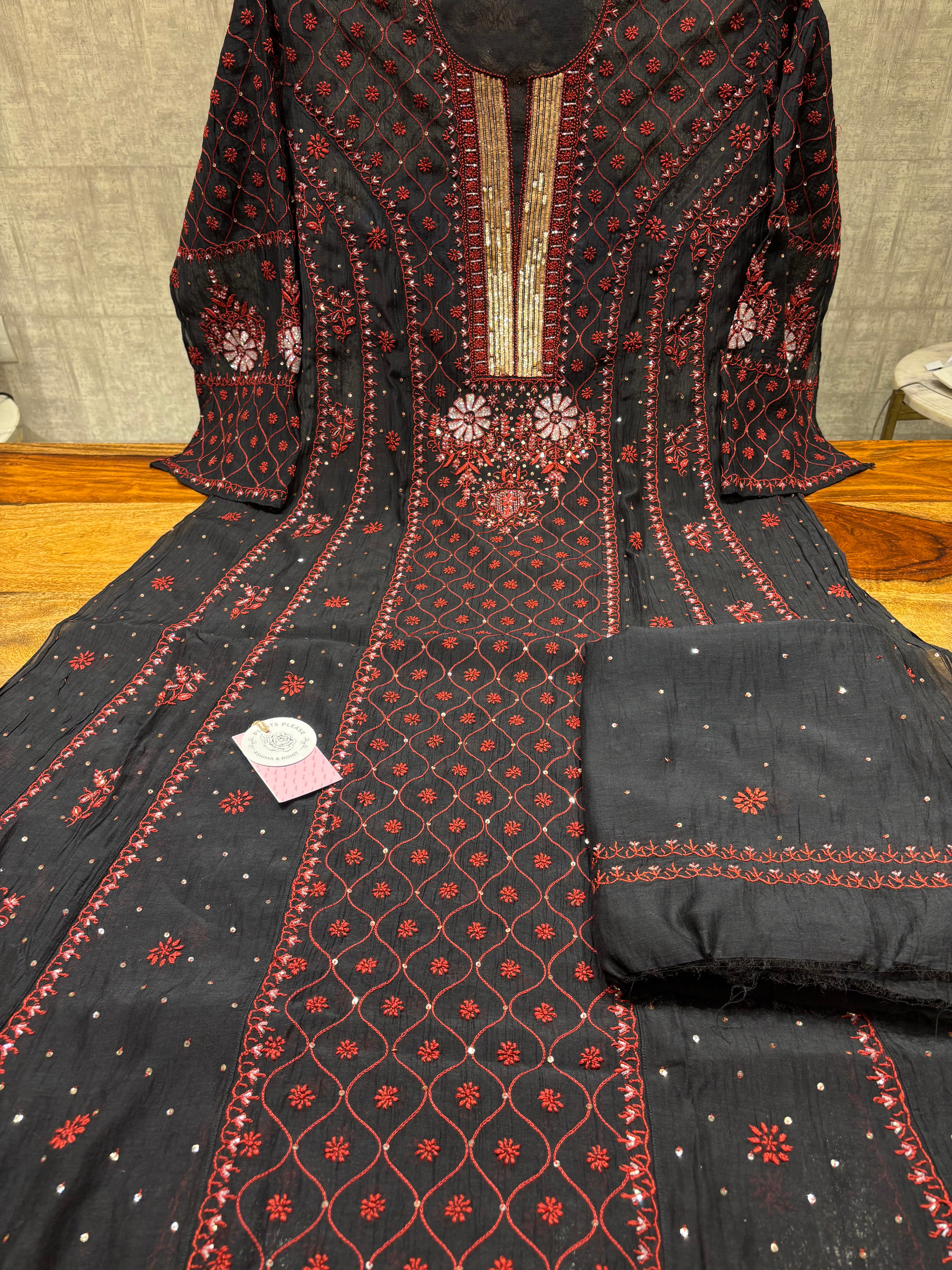 Black Chanderi Mul Chikankari Anarkali & Dupatta Set