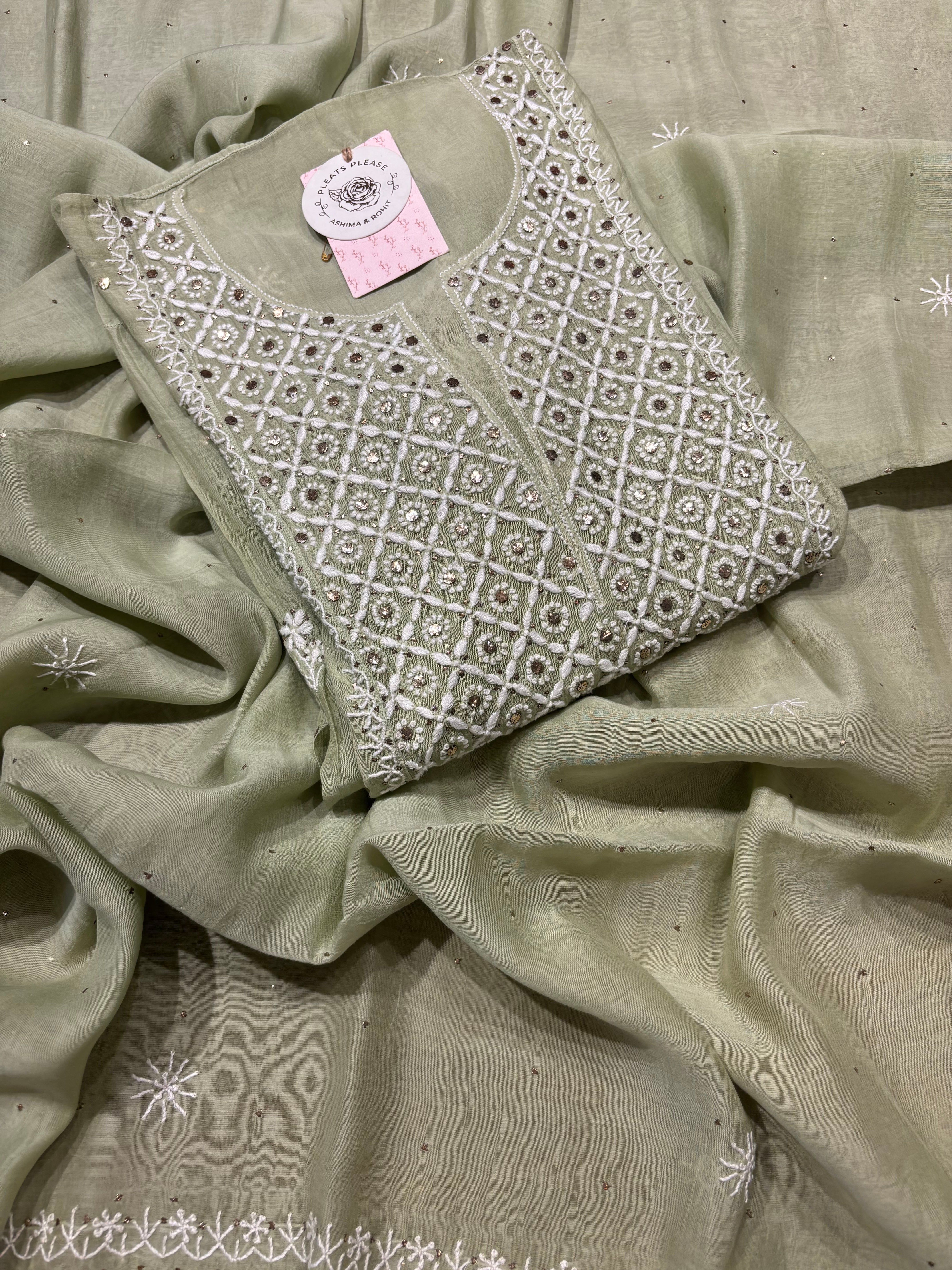 Sage Green Chanderi Mul Chikankari Kurta and Dupatta set