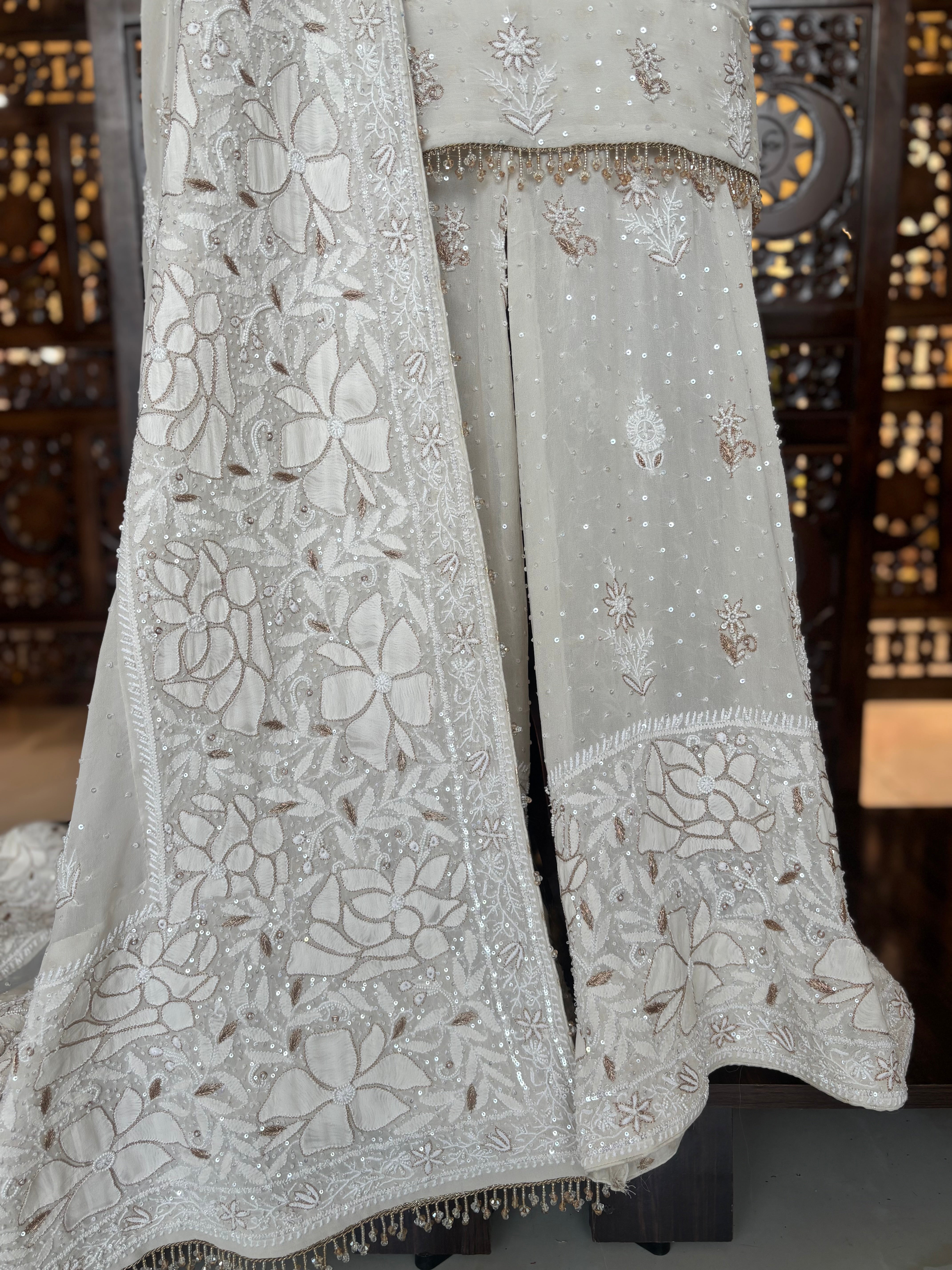 Dyeable Pure & Premium Georgette Chikankari Kurta & Dupatta With Sharara