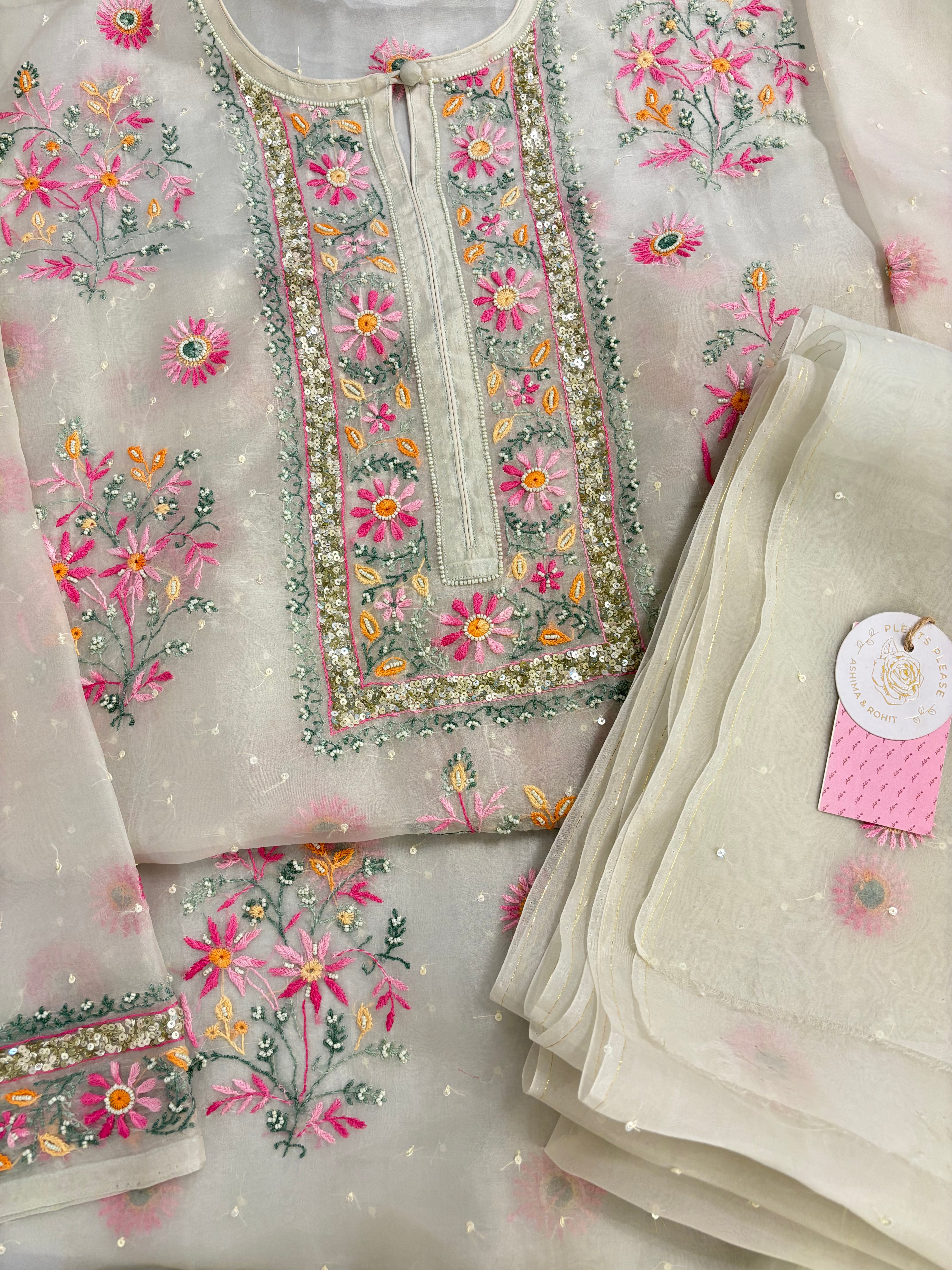 Ivory Cream Pure Organza Chikankari Kurta & Dupatta