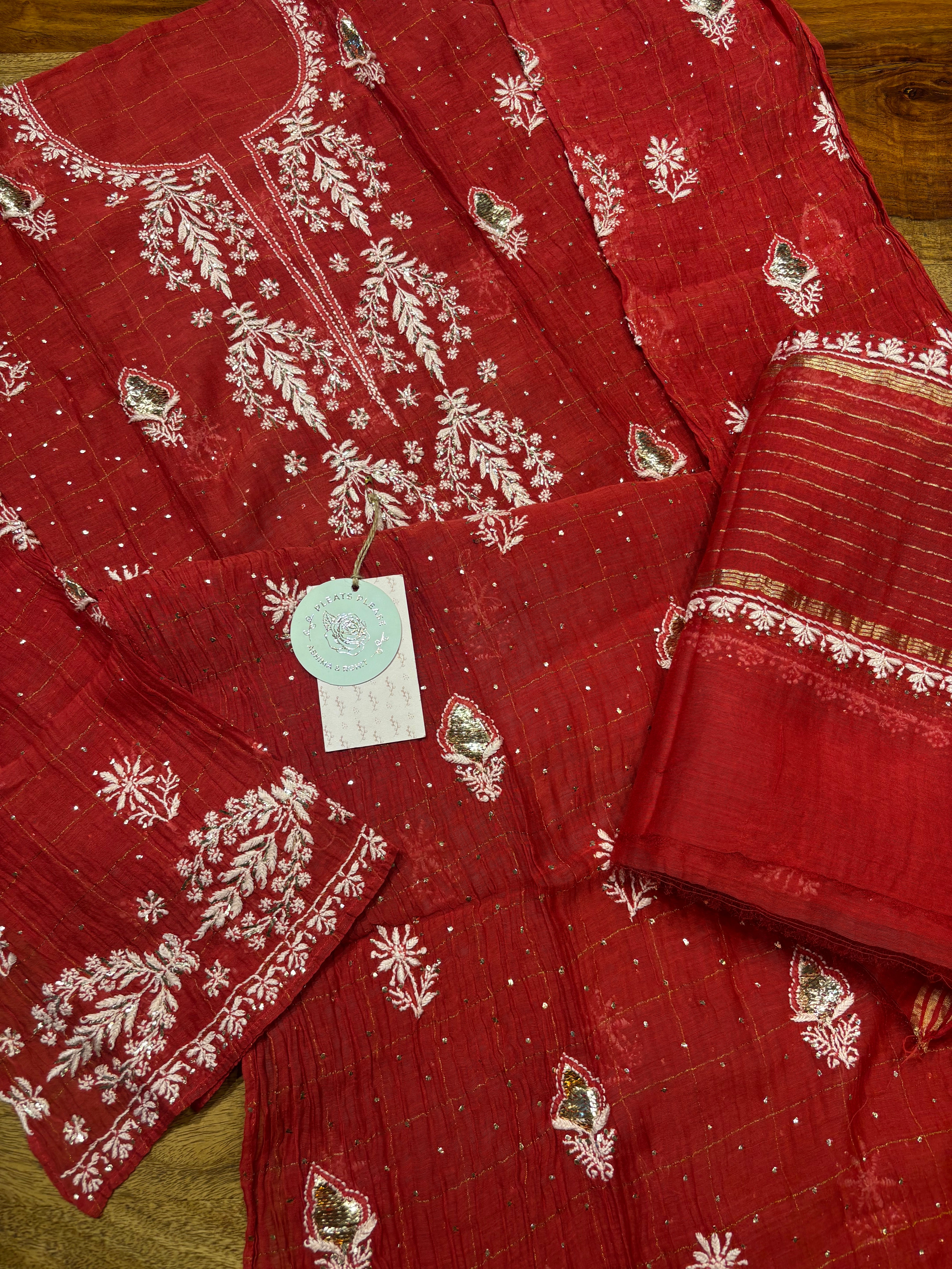 Red Chanderi Mul Chikankari & Mukaish Kurta and Dupatta