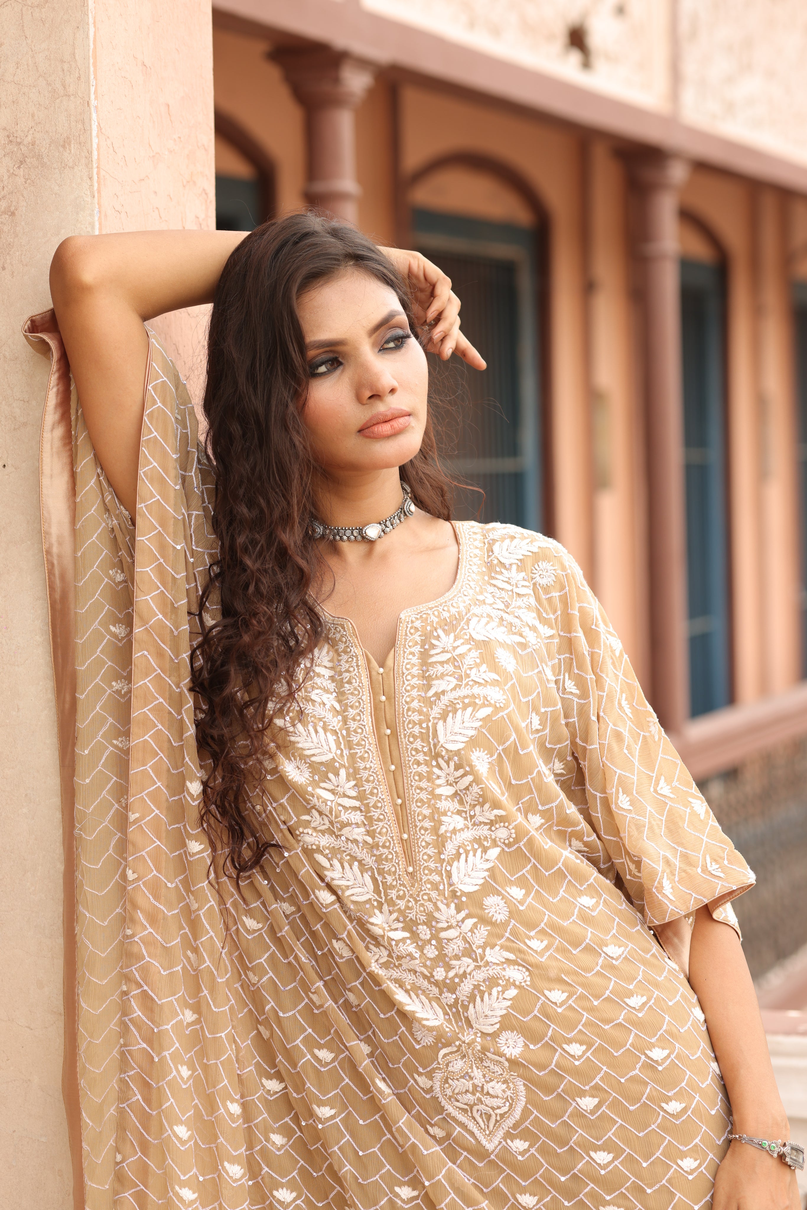 Coffee Brown Chliffon Chikankari Kaftan