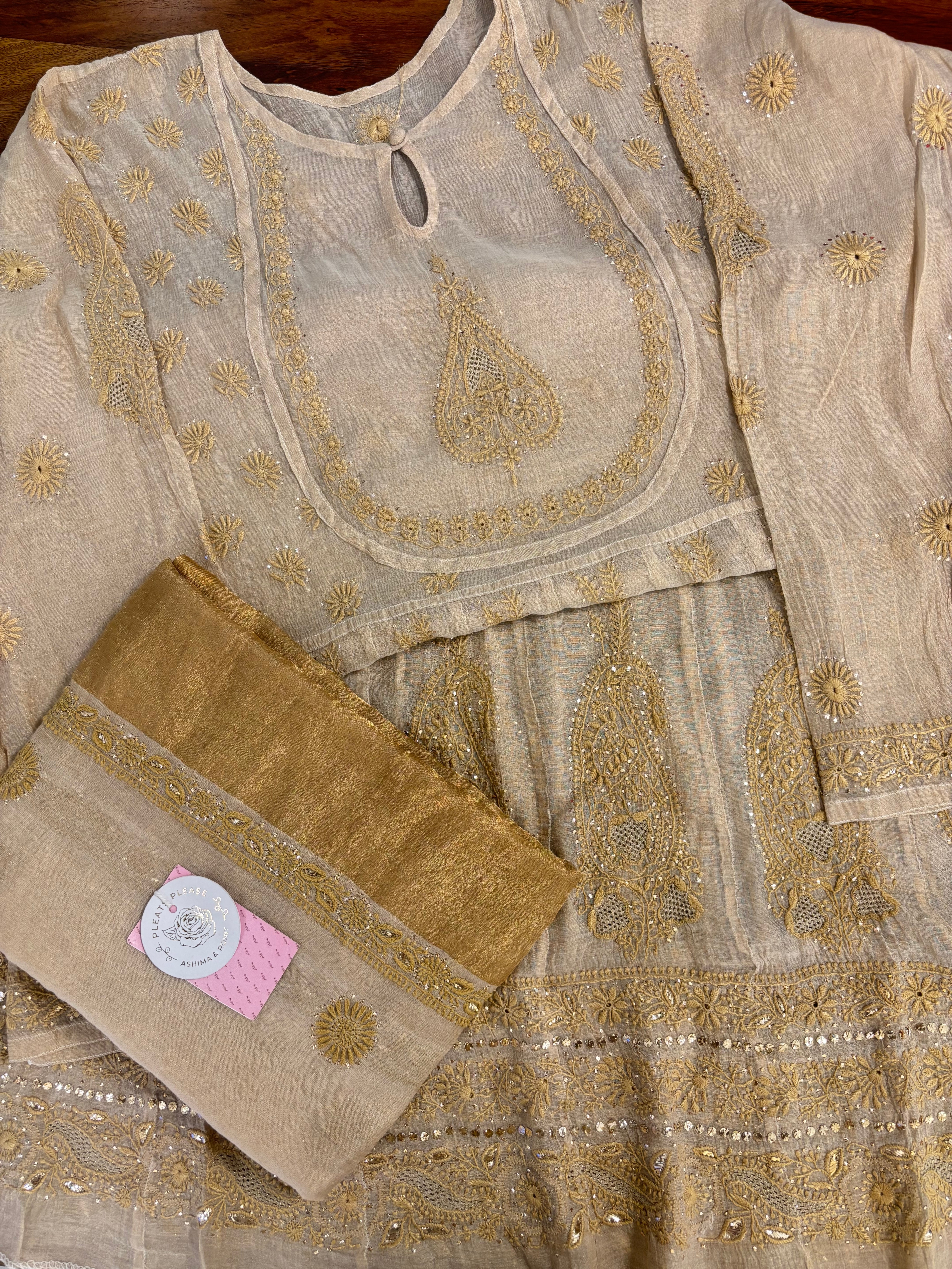 Dyeable Pure & Premium Tissue Mukaish Chikankari Bajirao Anarkali & Dupatta - Pleats PleaseChikankari