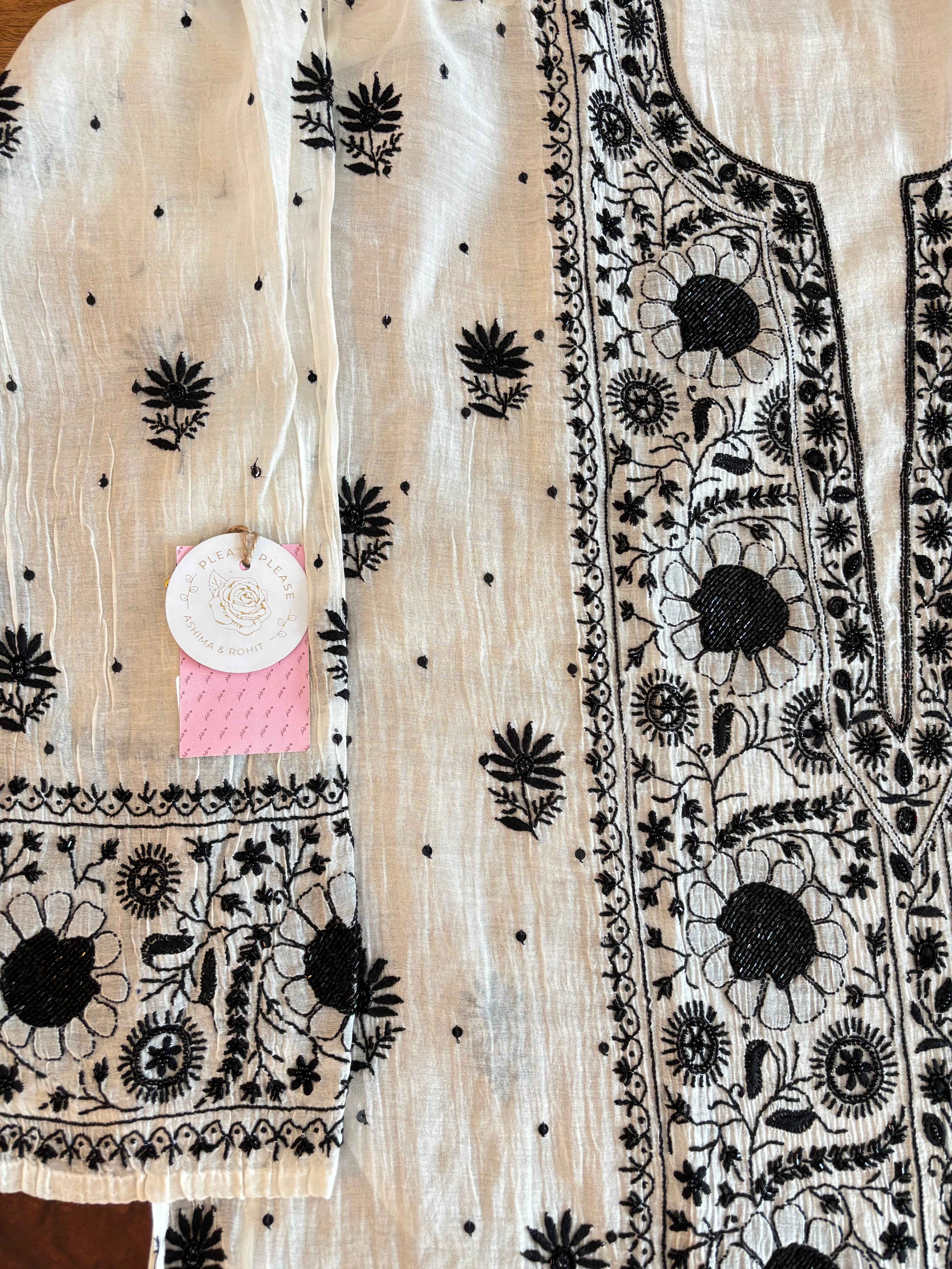 Dyeable Black & White Chanderi Chikankari Kurta & Dupatta