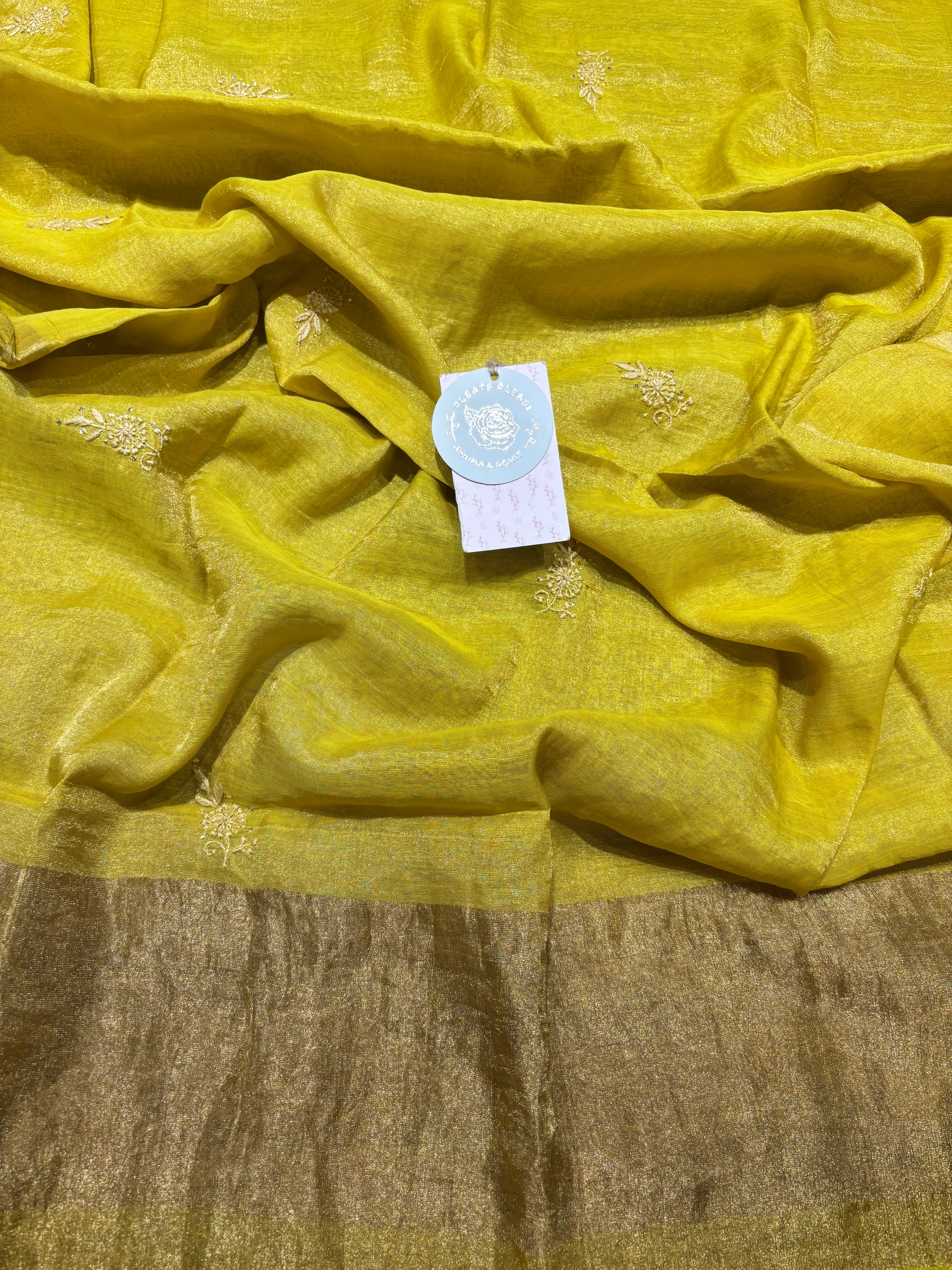 Yellow Pure and Premium Tissue Chikankari & Mukaish Angrakha and Dupatta Set