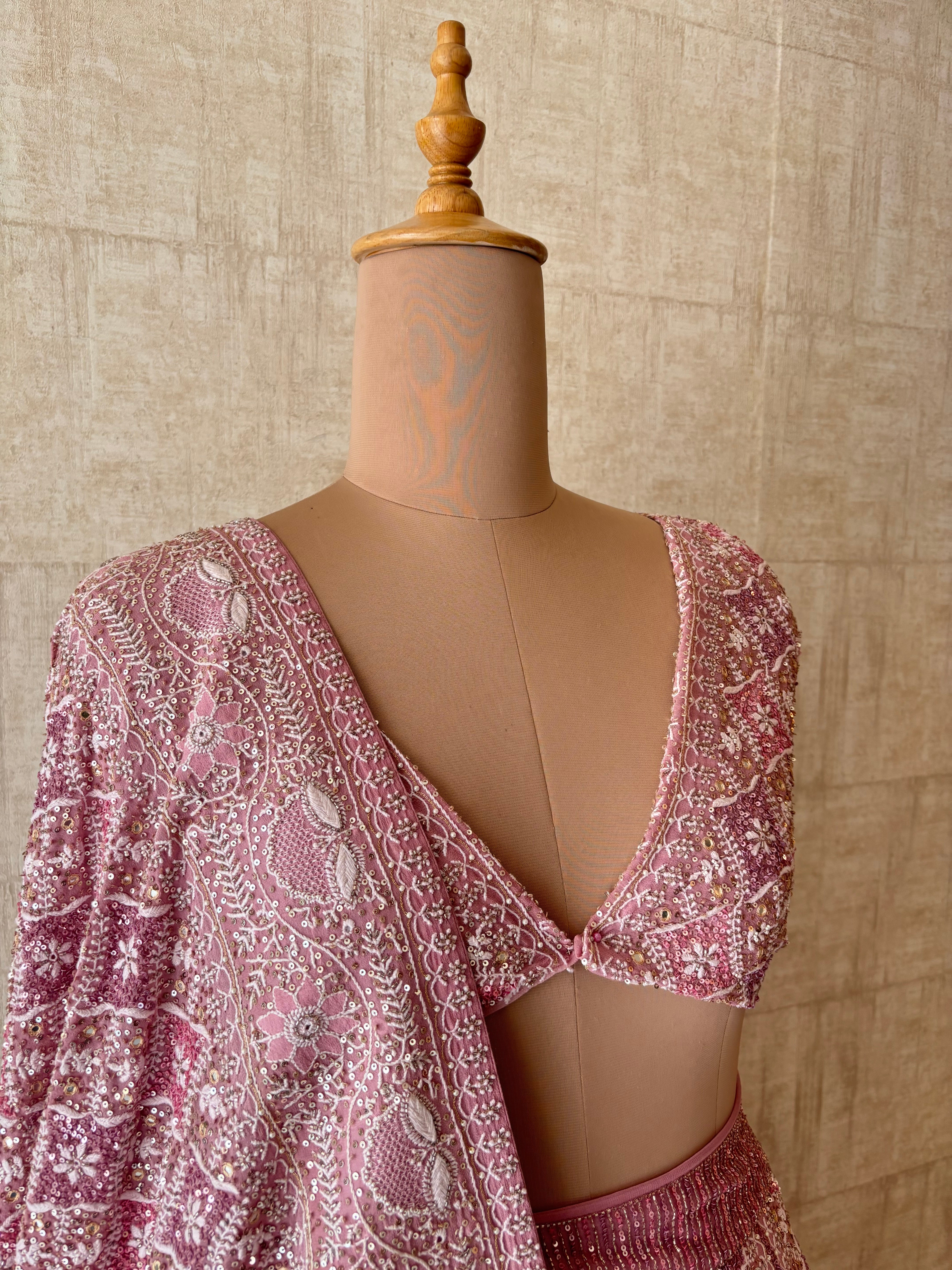 Onion Pink Pure & Premium Georgette Chikankari Lehenga Set