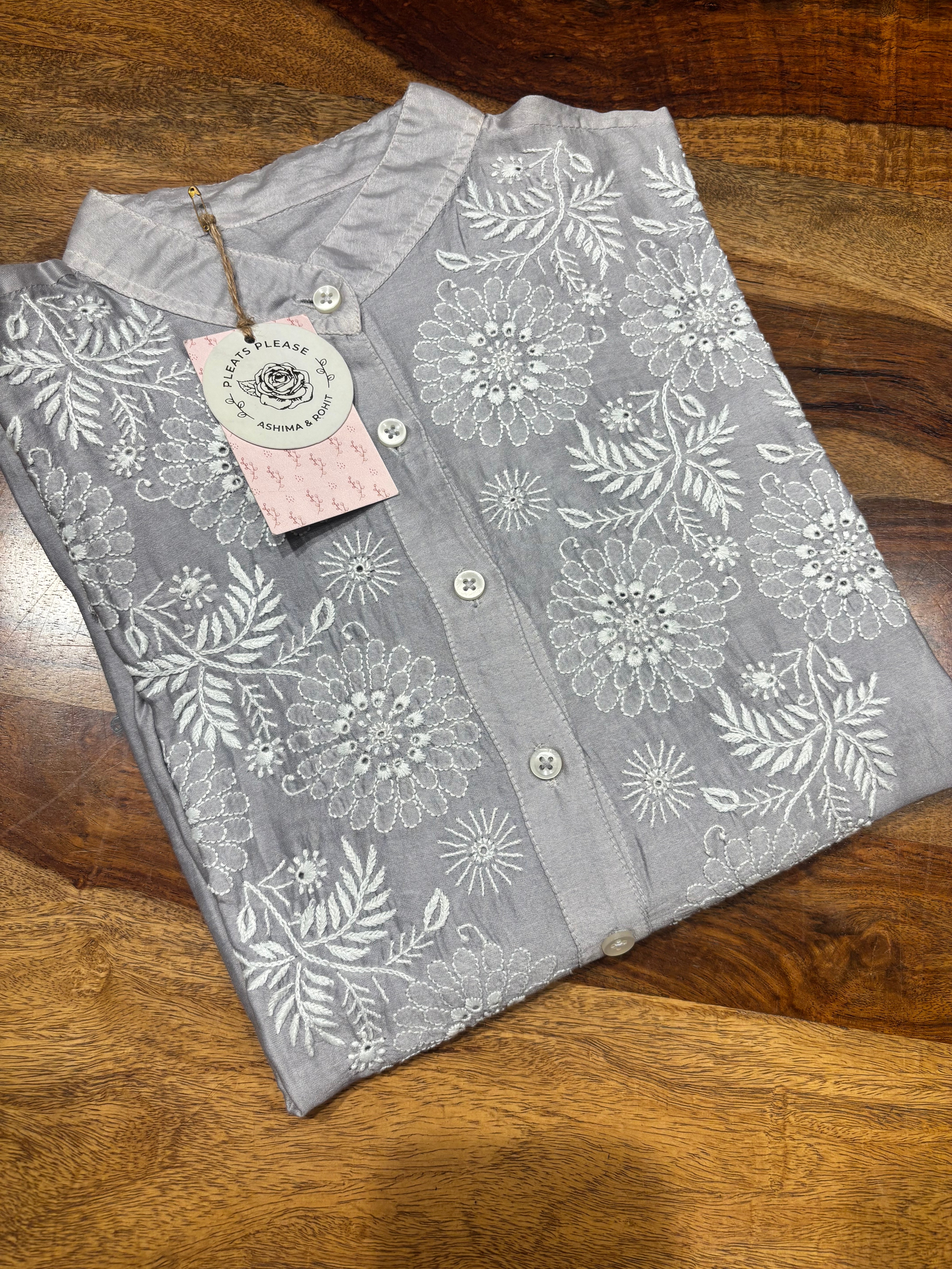 Gray Chanderi Silk Chikankari Shirt