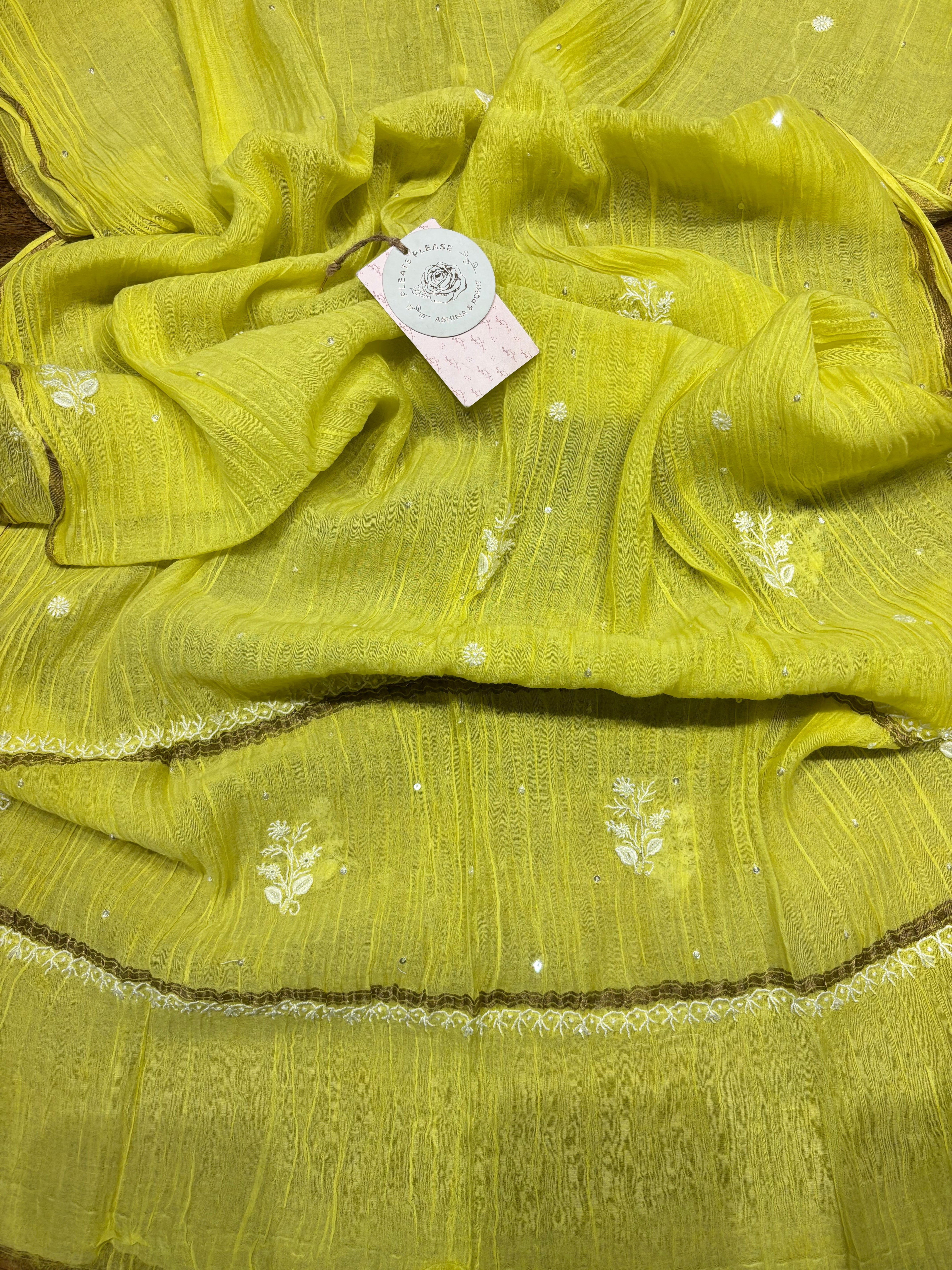 Neon Green Chanderi Mul Chikankari Kurta and Dupatta