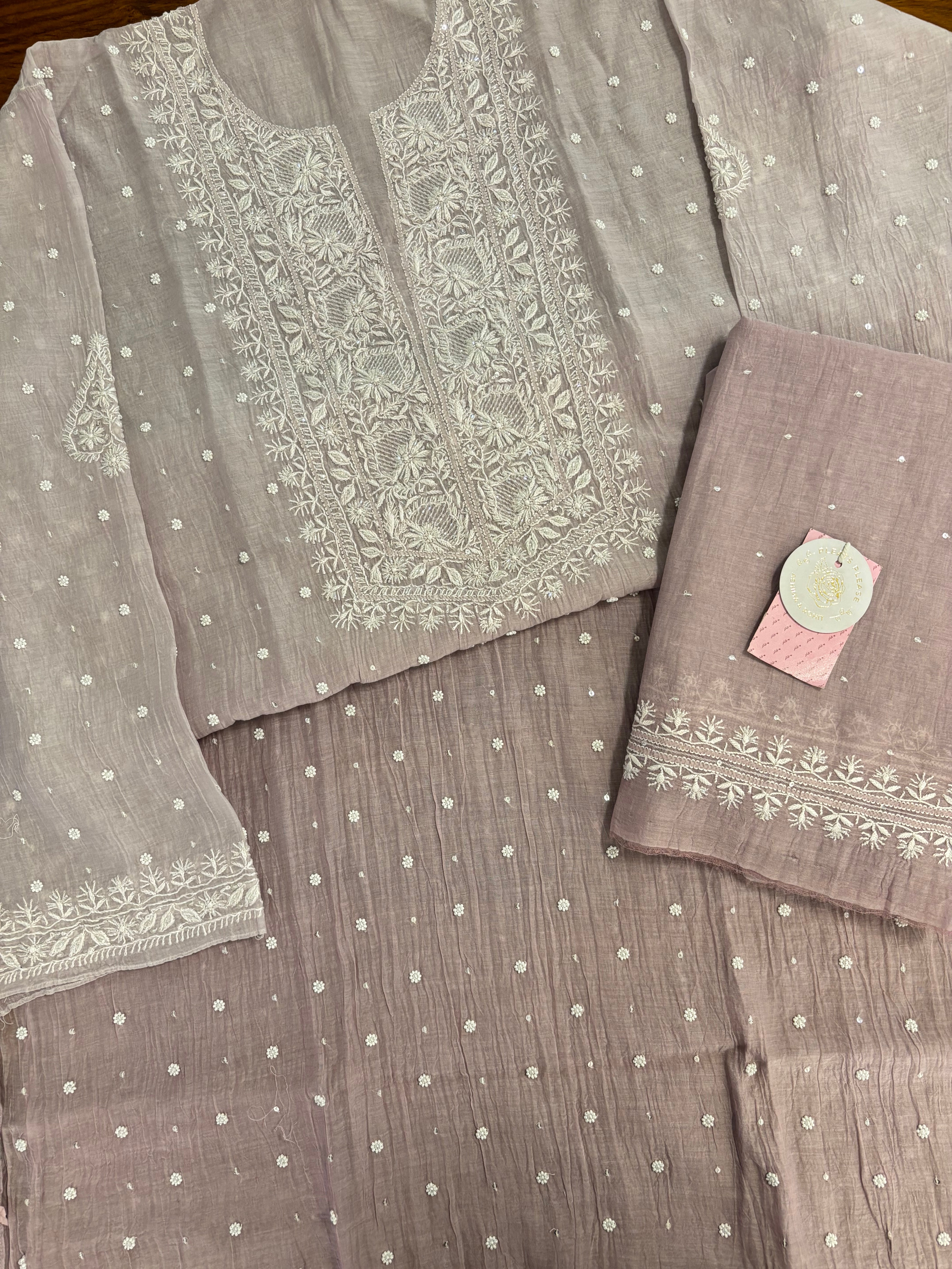 Dusky Lilac Pure Chanderi Ombre Chikankari Kurta & Dupatta Set - Pleats PleaseChikankari