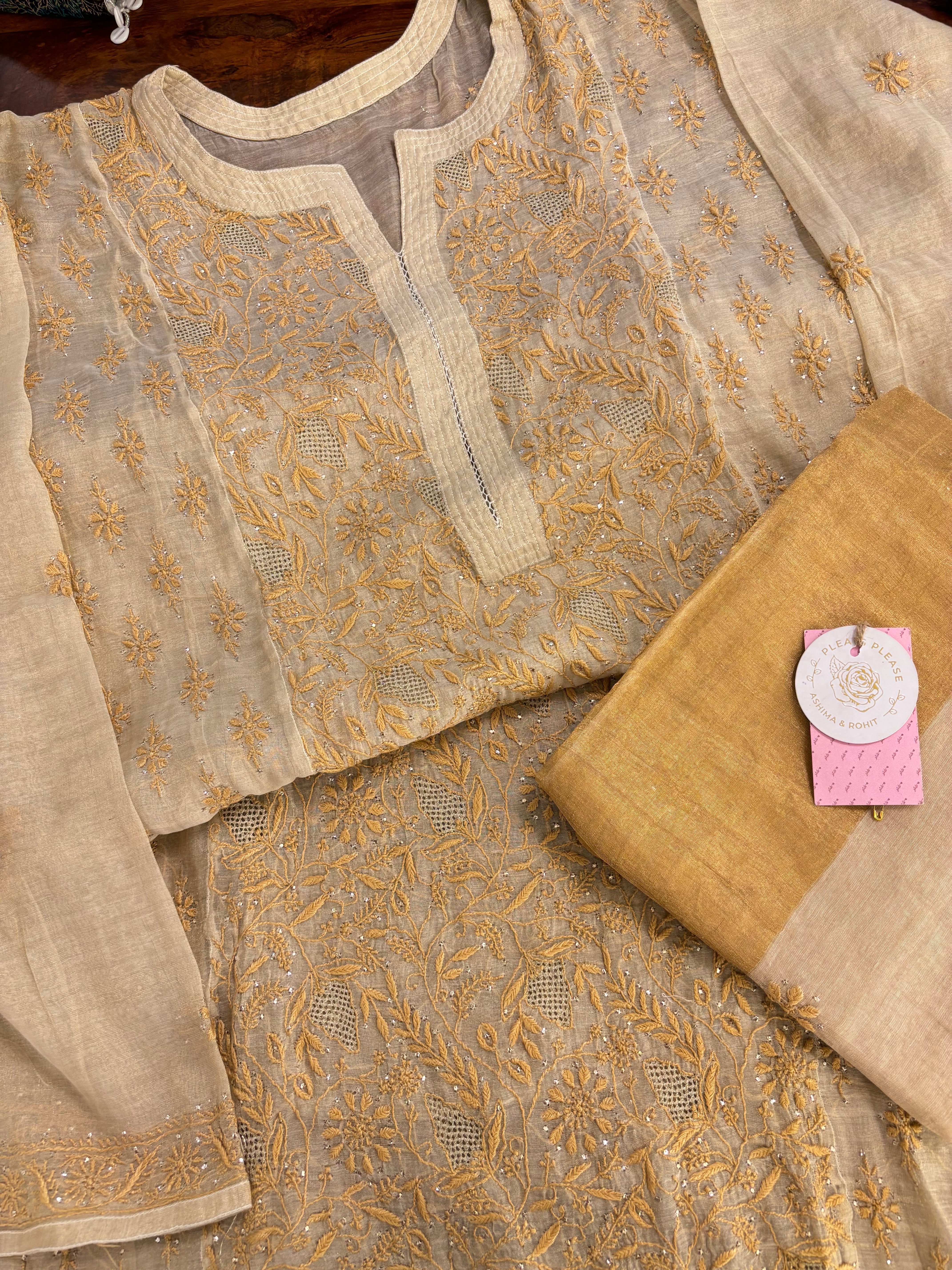 Dyeable Pure & Premium Tissue Chikankari Mukaish Kurta & Dupatta