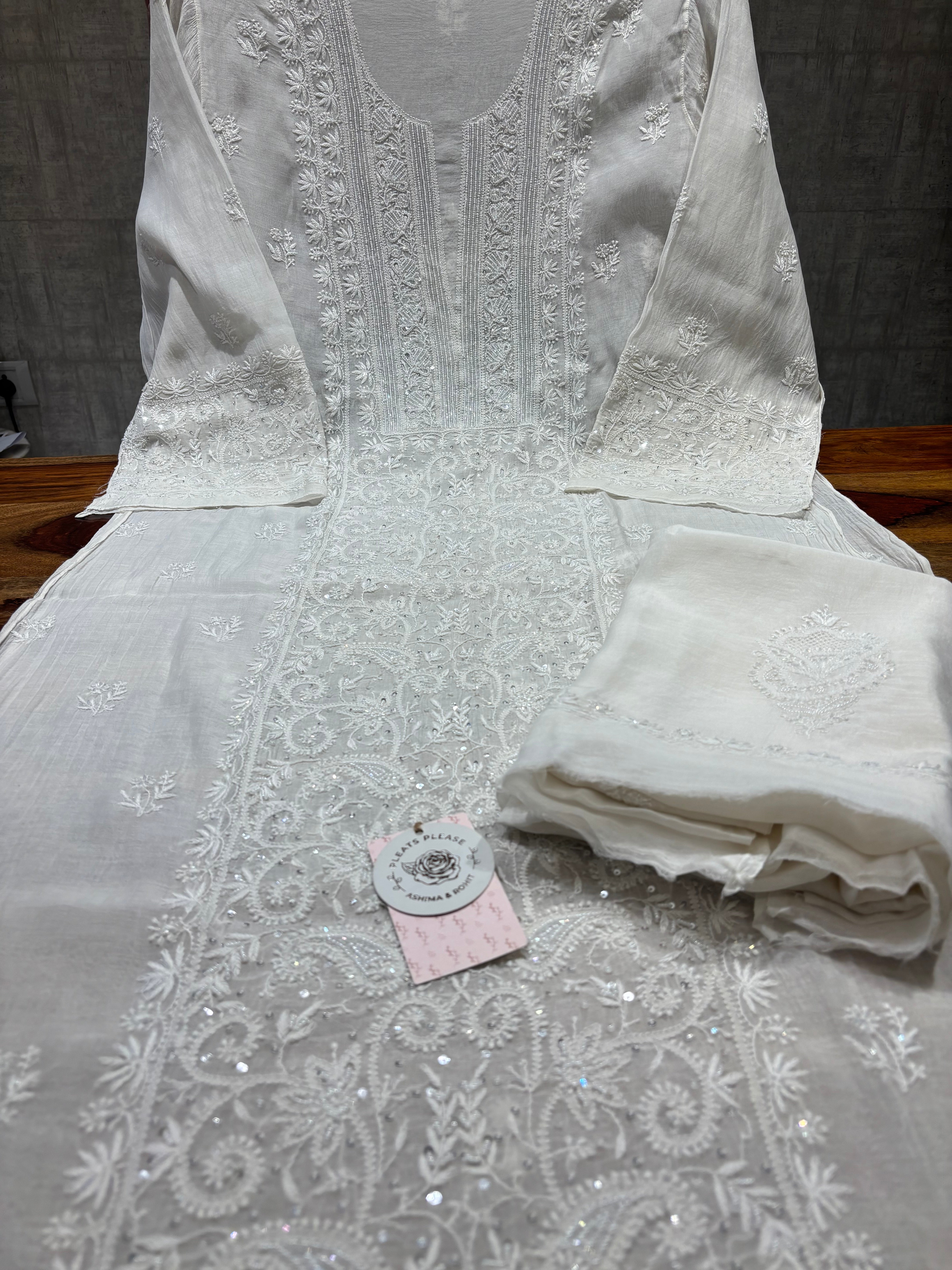 Dyeable Chanderi Mul Chikankari Kurta & Dupatta Set